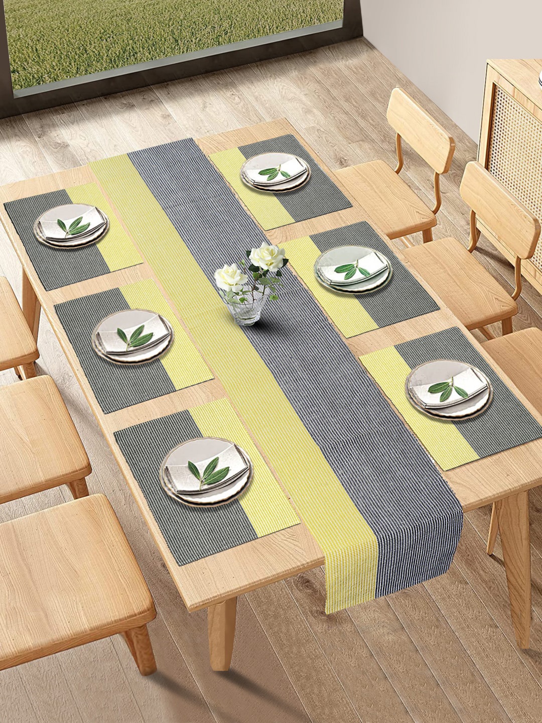 

HOKIPO 7 Pieces Cotton Ribbed Heat Resistant Dining Table Mats with Runner, Yellow