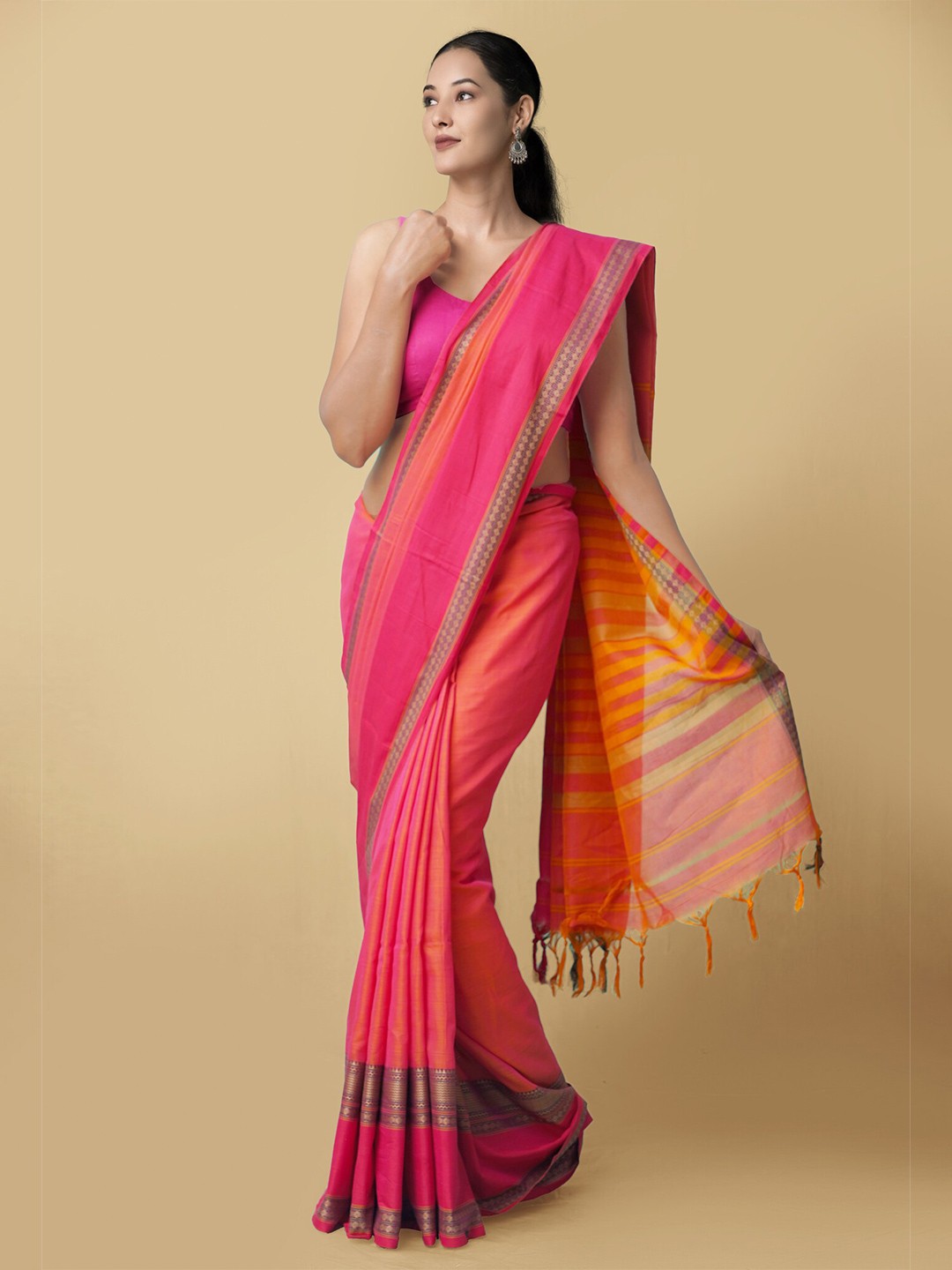 

Unnati Silks Orange & Pink Pure Cotton Kanjeevaram Saree