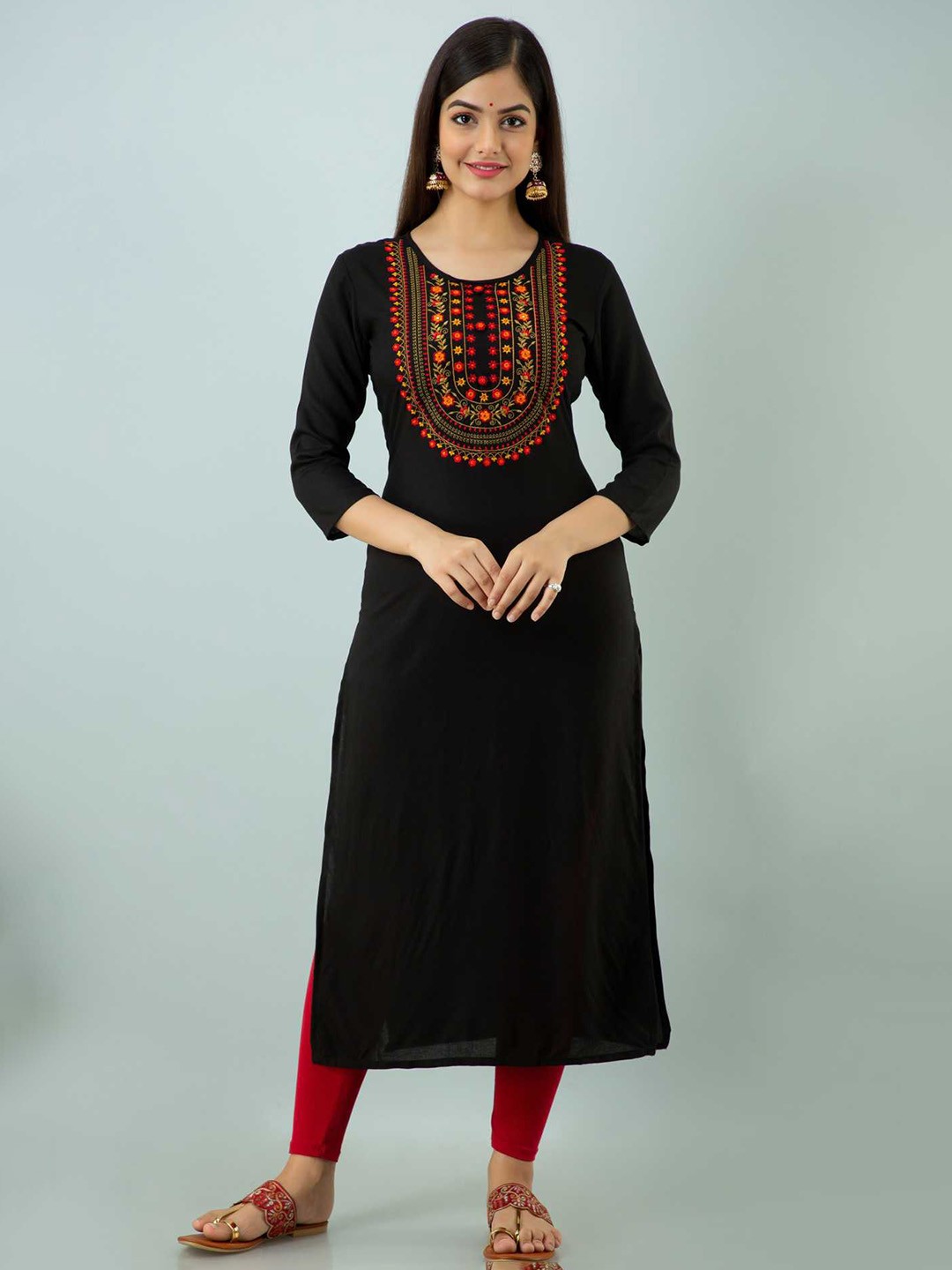 

Globon Impex Women Black & Red Floral Embroidered Mirror Work Kurta