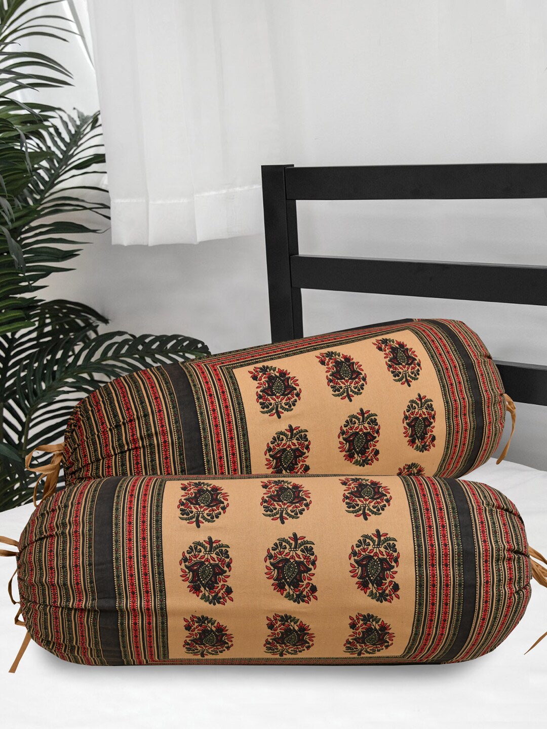 

Clasiko Set Of 2 Beige & Black Printed Cotton 300 TC Bolster Covers
