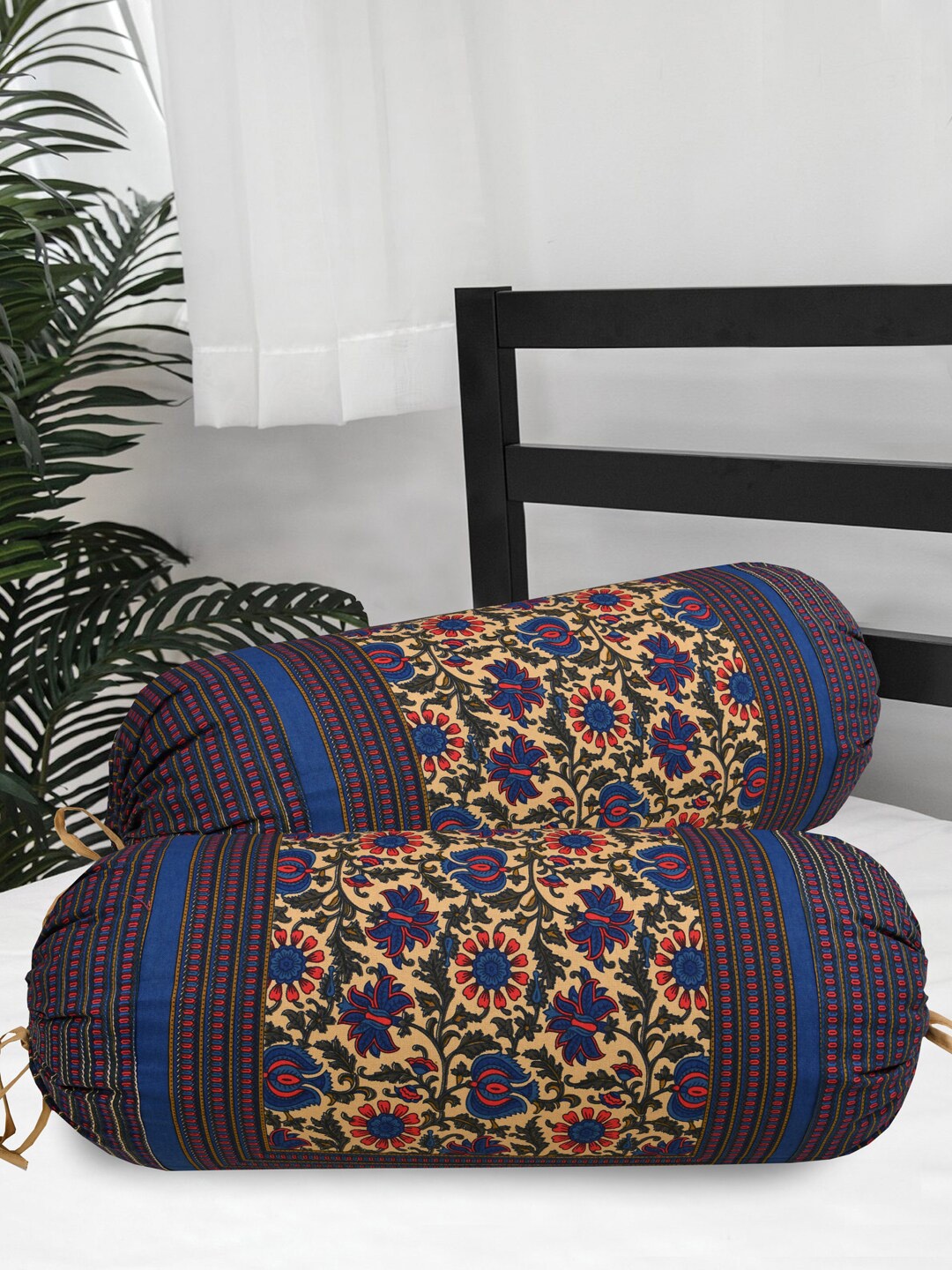 

Clasiko Set Of 2 Blue & Yellow Floral Printed Cotton Bolster Cover