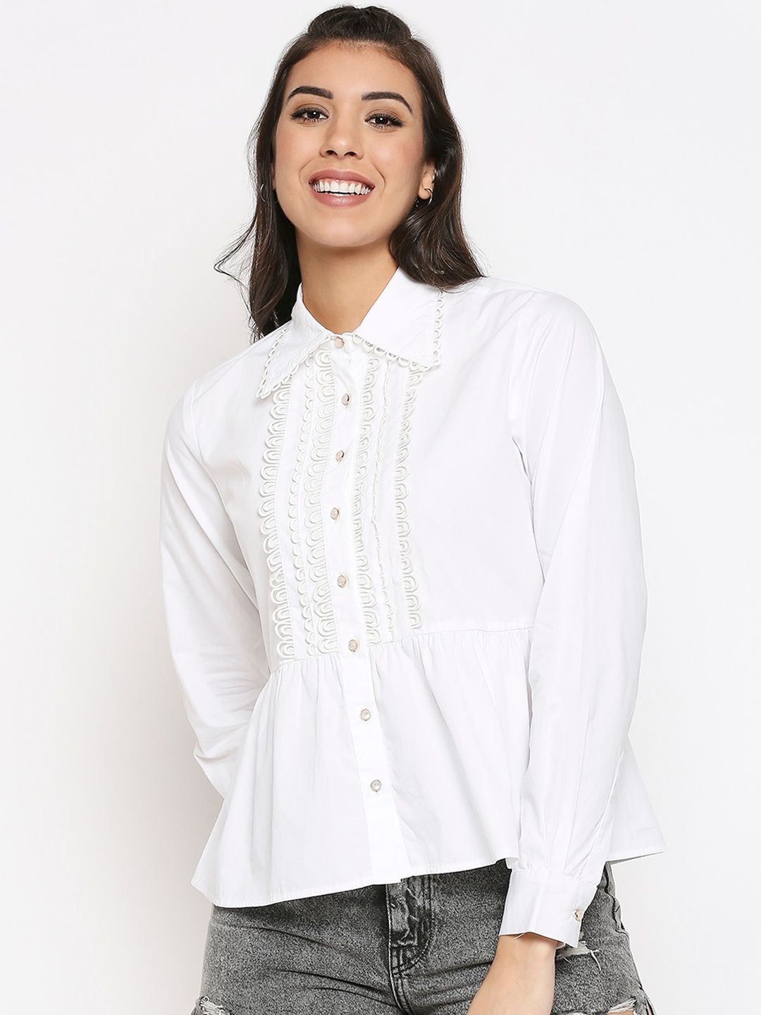 

20Dresses Women White Opaque Peplum Formal Shirt