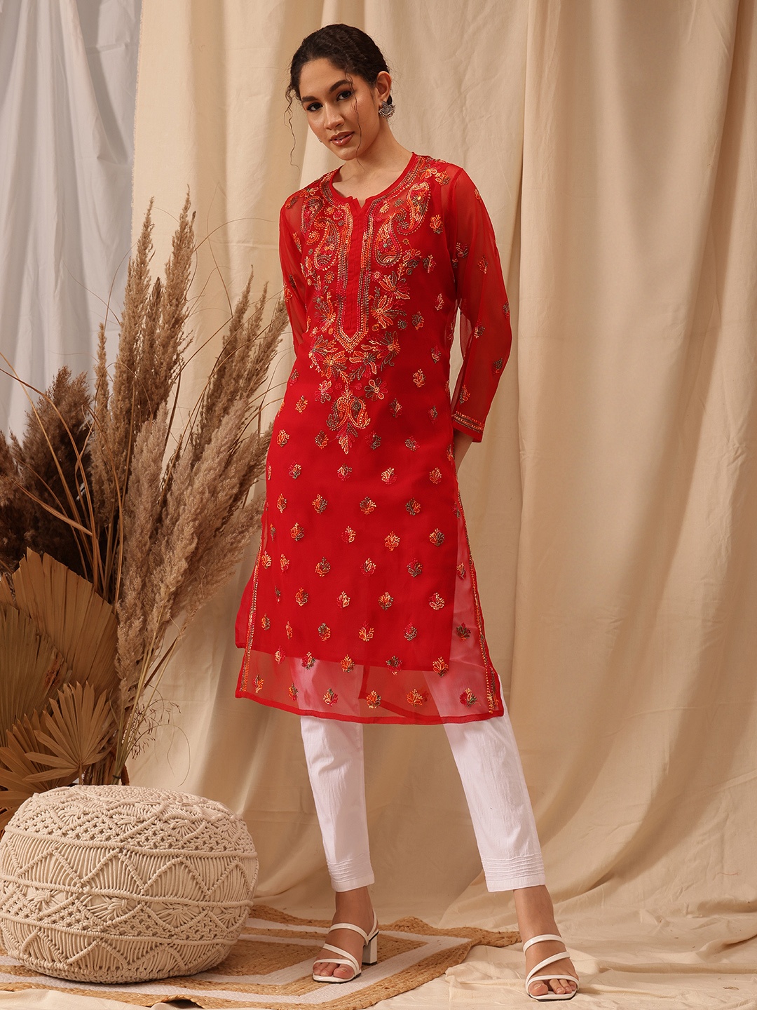 

ADA Women Red Embroidered Regular Chikankari Kurta with Trousers