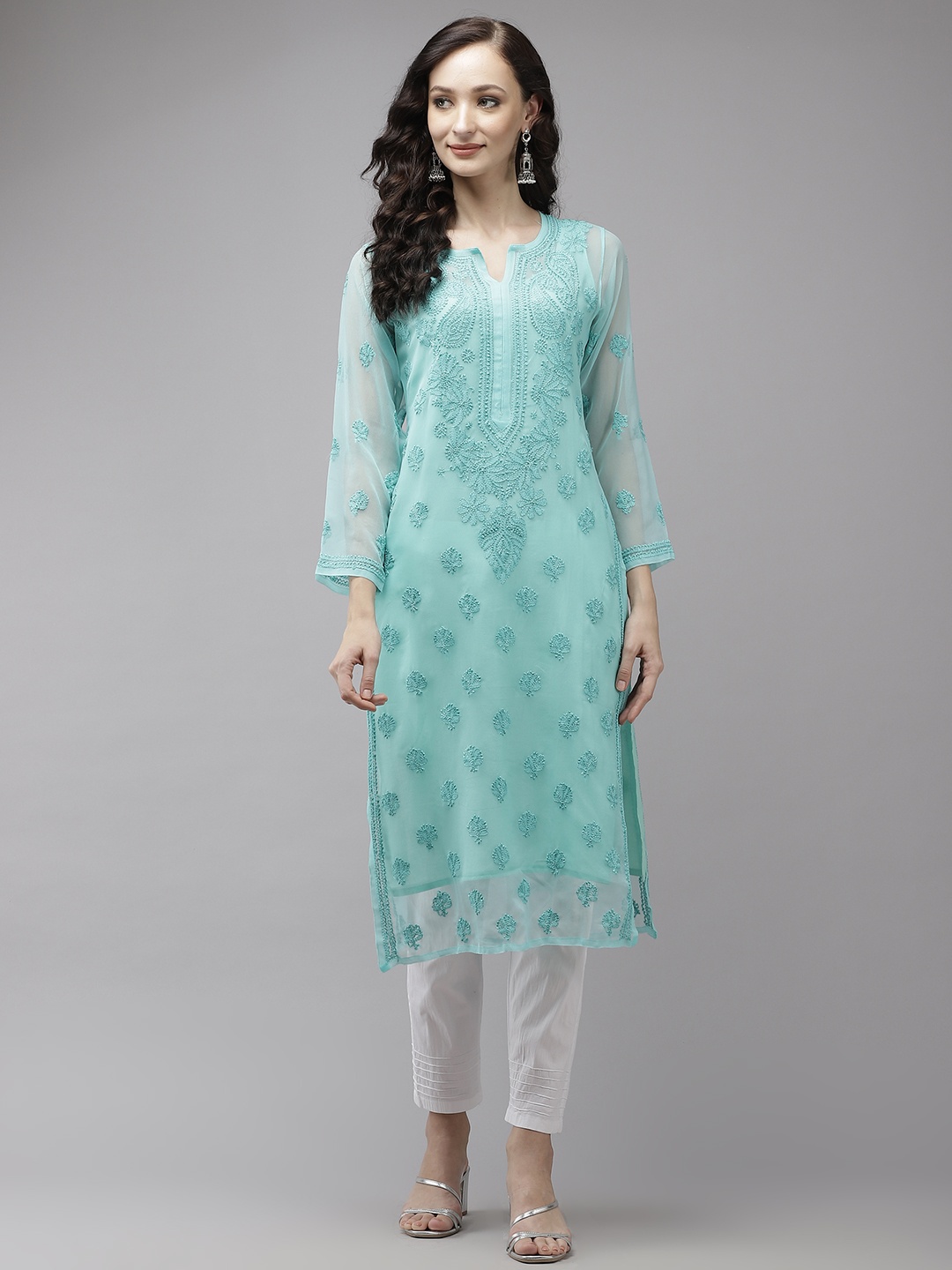 

ADA Women Sea Green Embroidered Regular Chikankari Handloom Kurta with Trousers