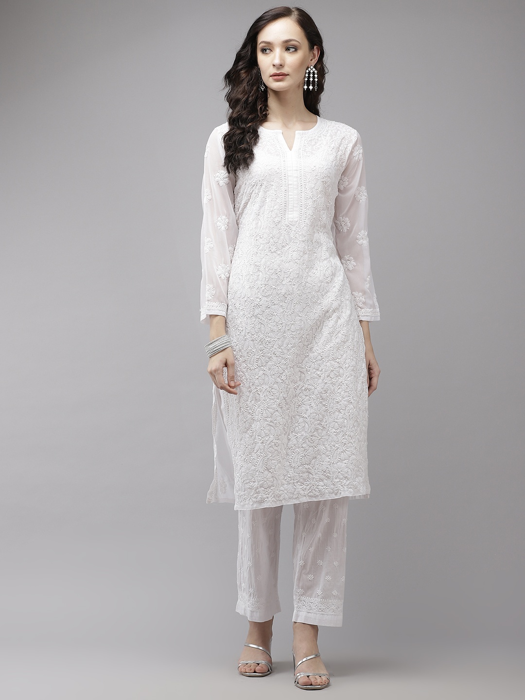 

ADA Women White Embroidered Regular Chikankari Handloom Kurta with Palazzos