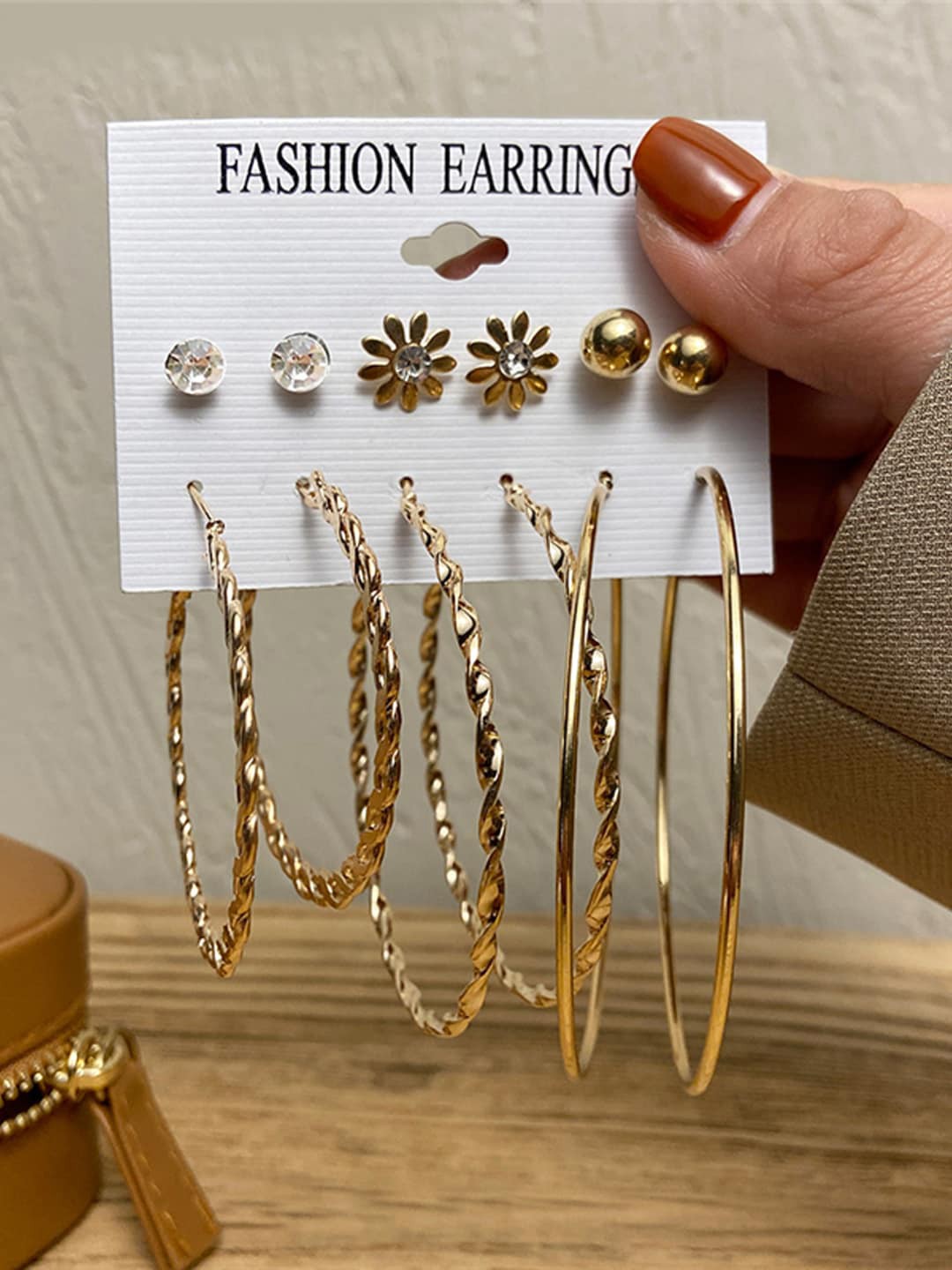 

Shining Diva Fashion Set Of 6 Gold-Toned Contemporary Studs Hoop Earrings