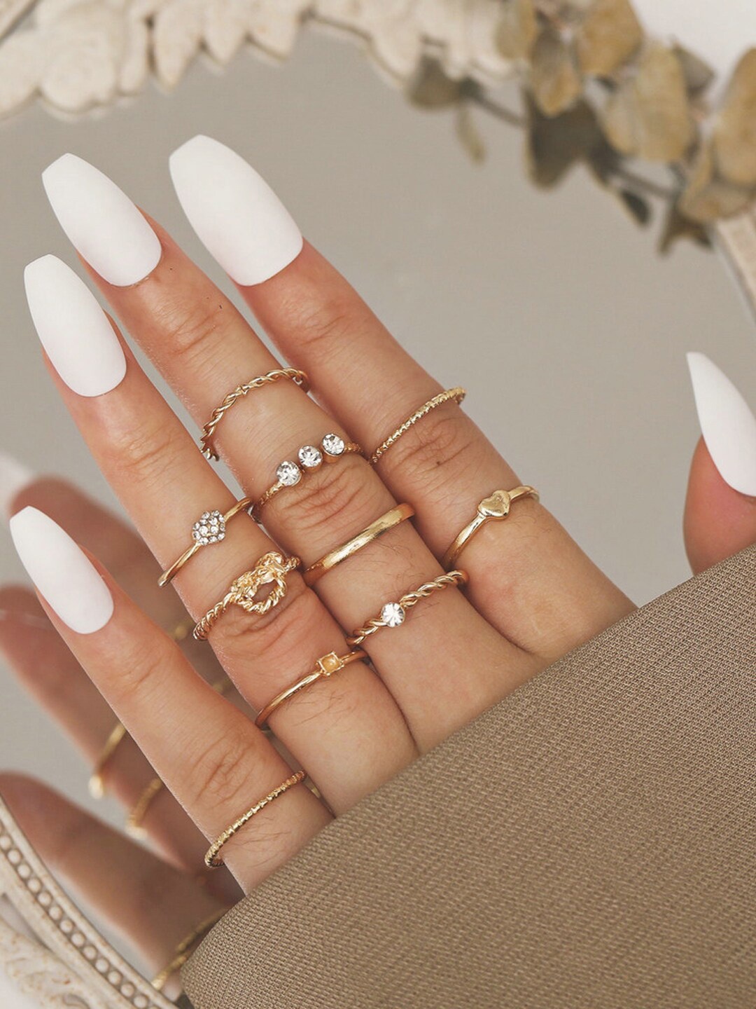 

Shining Diva Fashion Set Of 10 Gold-Plated White Stone-Studded Beaded Finger Rings