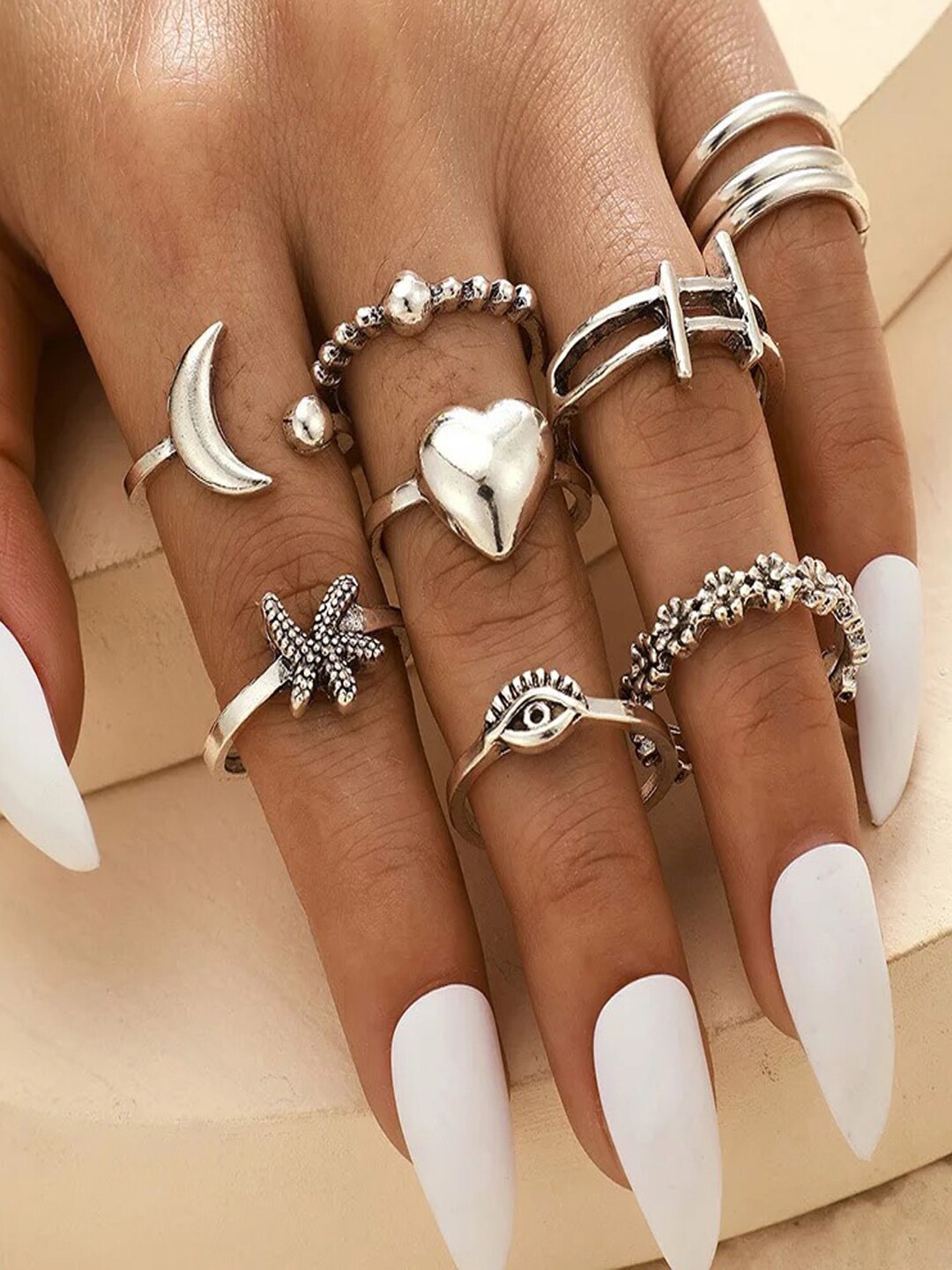 

Shining Diva Fashion Woman Set Of 9 Silver-Plated Finger Ring