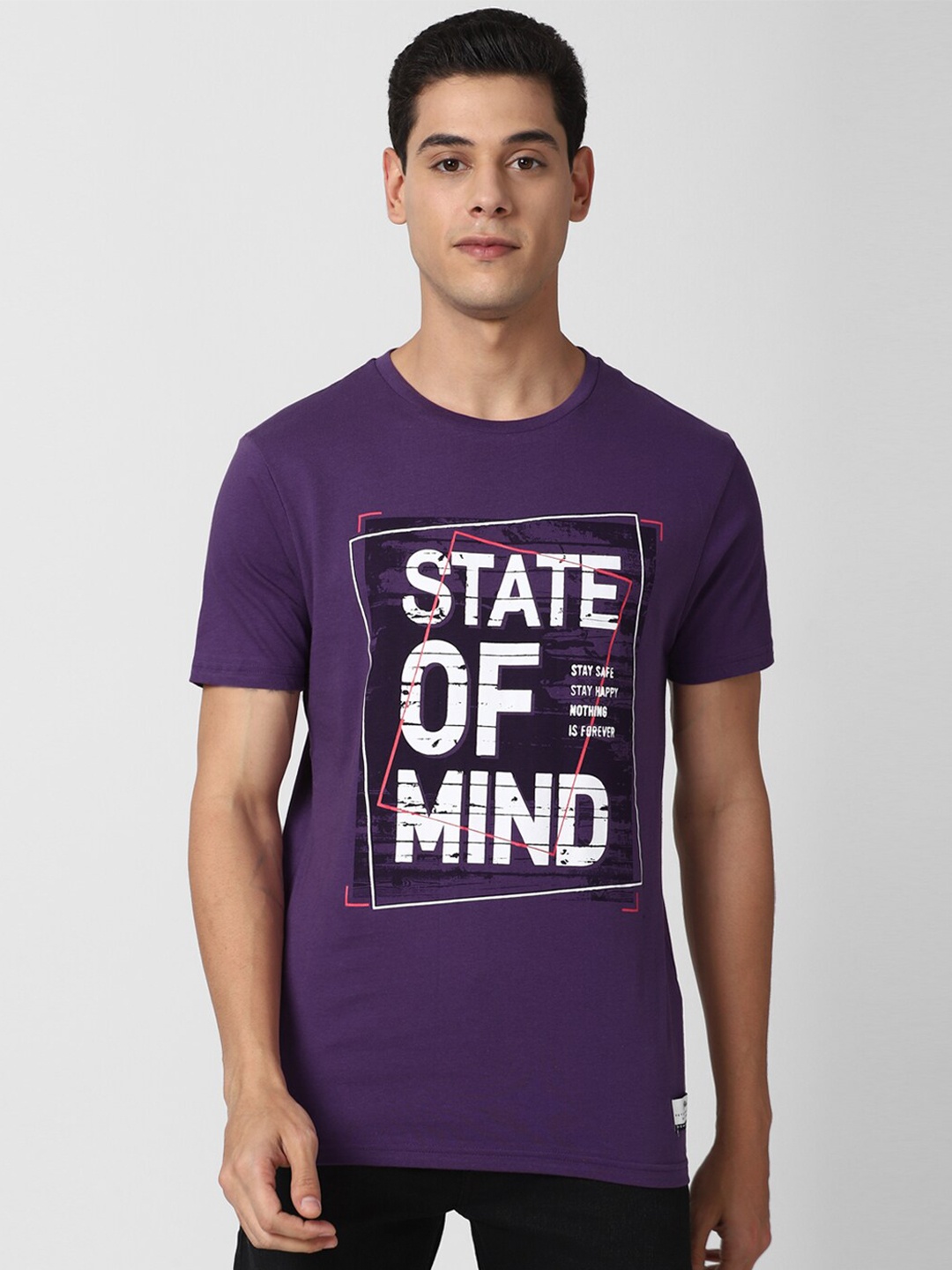 

Peter England Casuals Men Purple White Typography Printed Pure Cotton Slim Fit Pure Cotton T-shirt