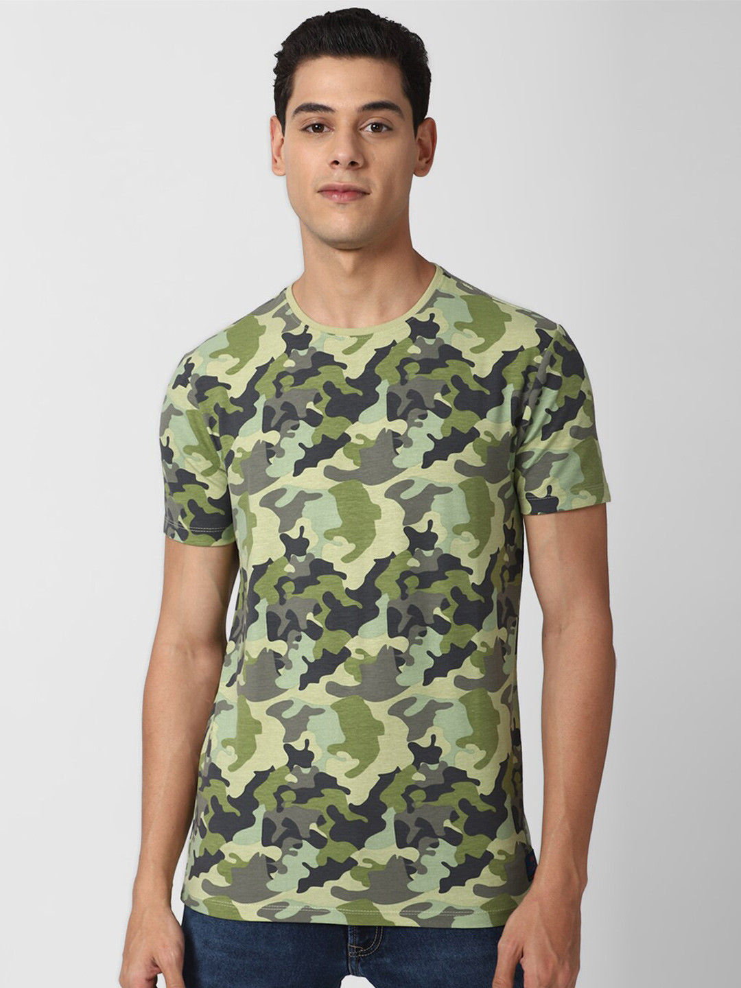 

Peter England Casuals Men Green Grey Camouflage Printed Pure Cotton T-shirt