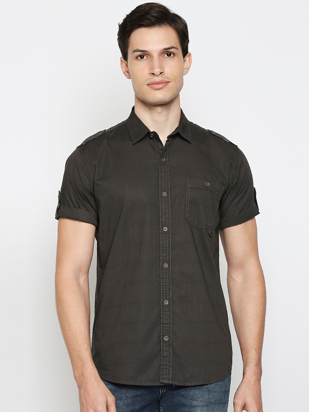 

Mufti Men Black Slim Fit Windowpane Checks Pure Cotton Casual Shirt