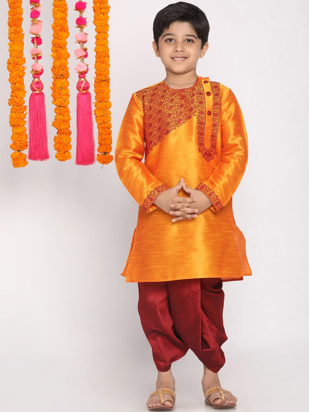 

VASTRAMAY Boys Orange & Maroon Thread Work Kurta with Dhoti Pants