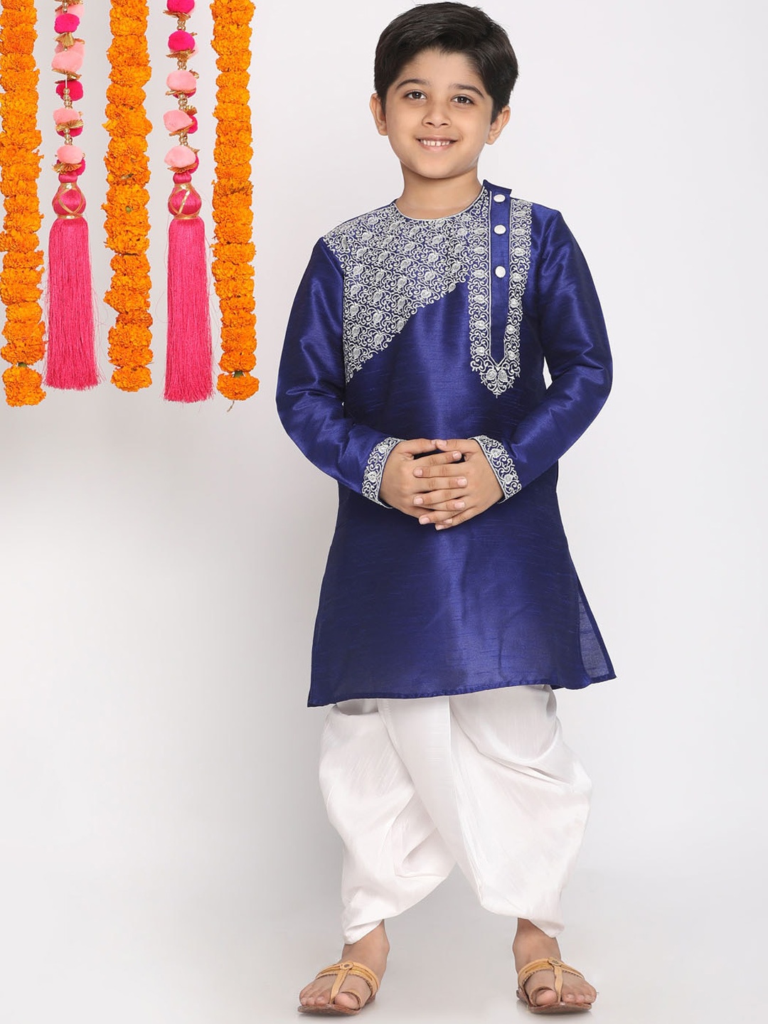 

VASTRAMAY Boys Blue Ethnic Motifs Printed Angrakha Kurta with Dhoti Pants