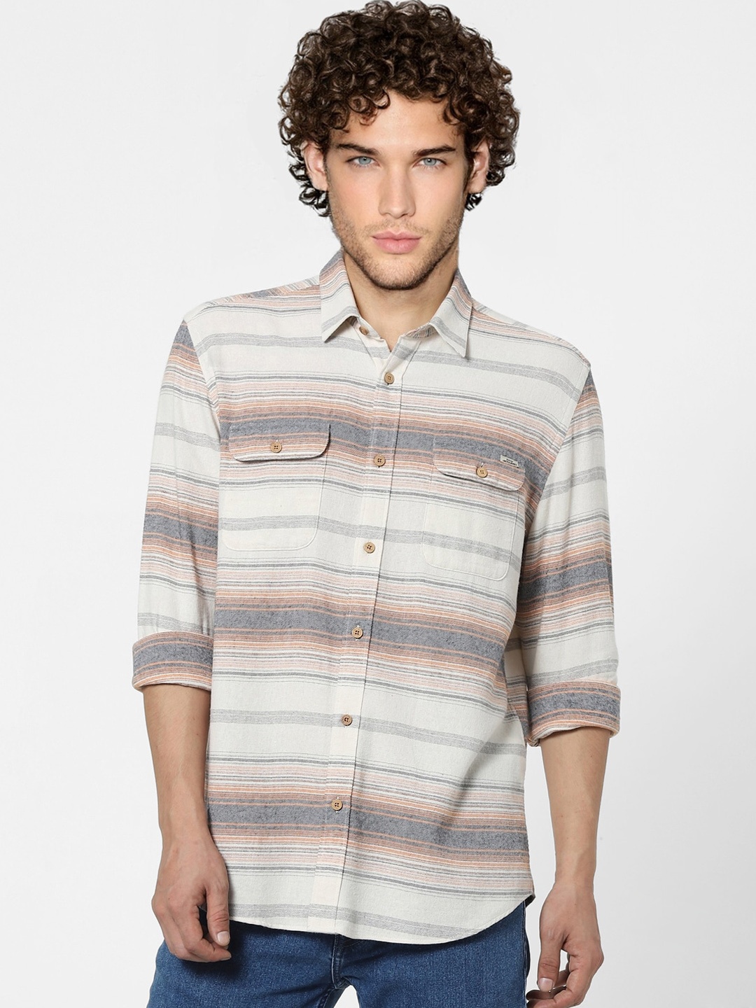 

Jack & Jones Men White Horizontal Stripes Opaque Casual Shirt