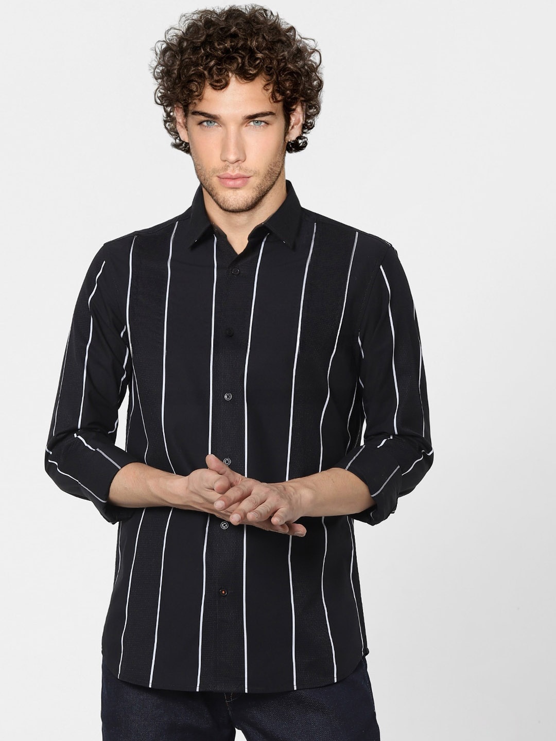 

Jack & Jones Men Black Opaque Striped Casual Shirt