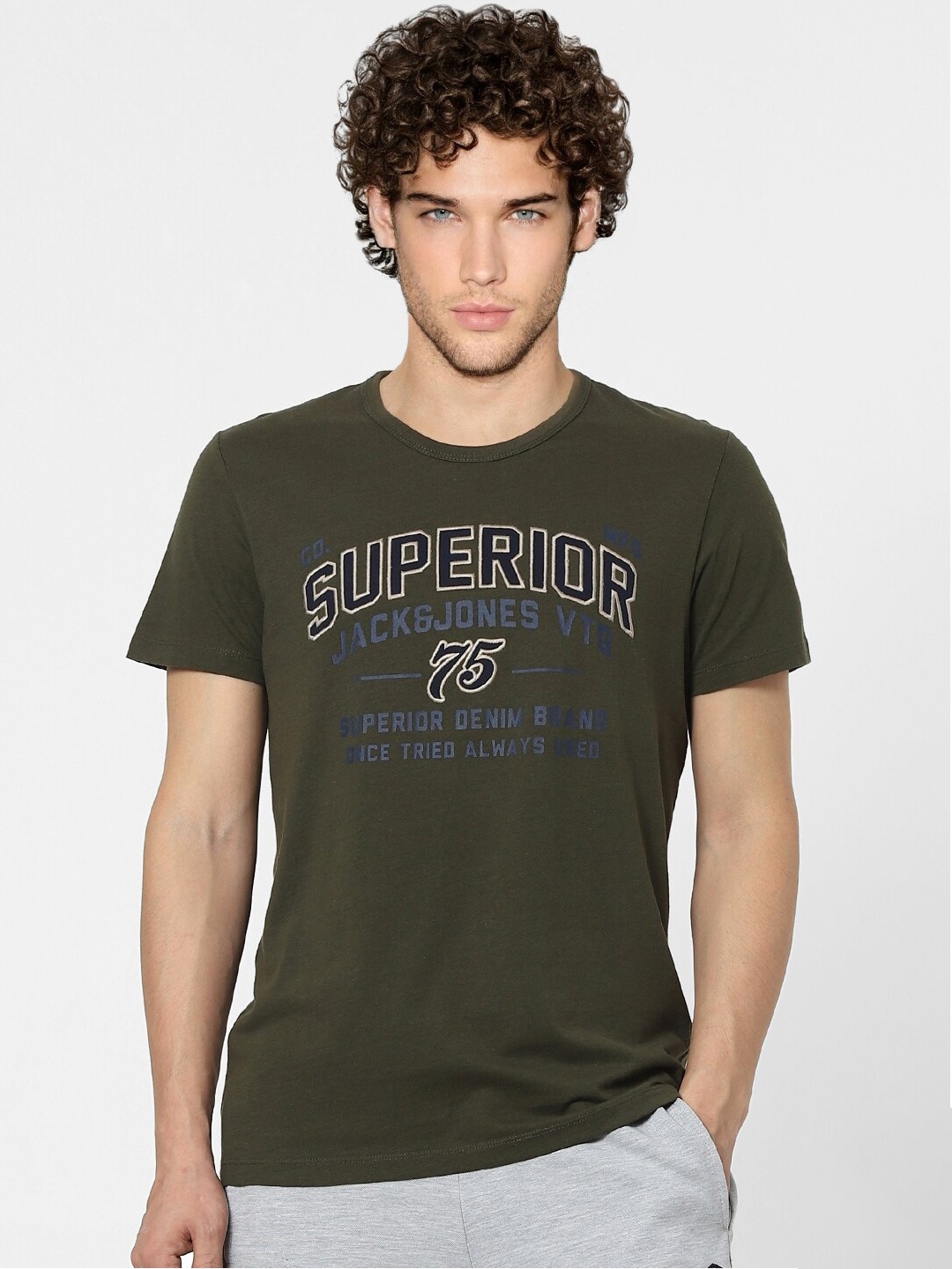 

Jack & Jones Men Olive Green & Grey Typography Printed T-shirt