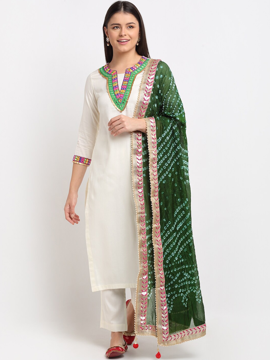 

anokherang Women Off White & Green Regular Mirror Work Kurta With Trousers & Dupatta