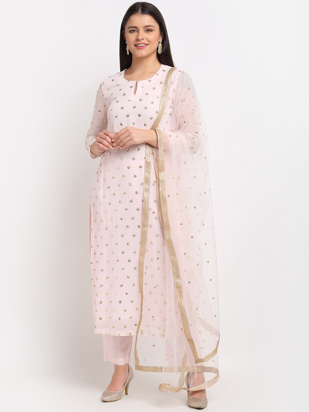 

anokherang Women Pink & Gold-Coloured Sequinned Kurta with Trousers & Dupatta