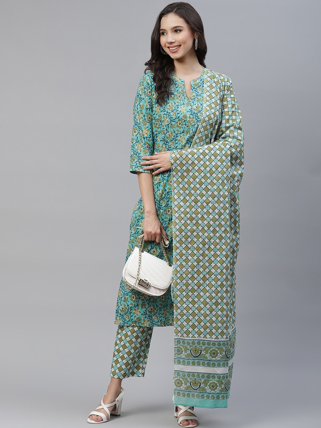 

Yuris Women Sea Green Floral Printed Regular Pure Cotton Kurta with Trousers& Dupatta