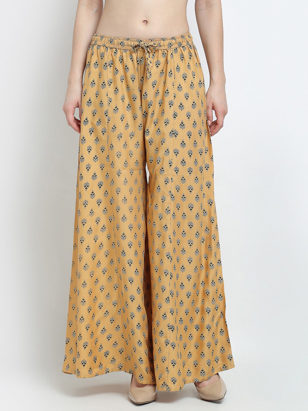 

GRACIT Women Beige & Black Floral Printed Flared Knitted Ethnic Palazzos