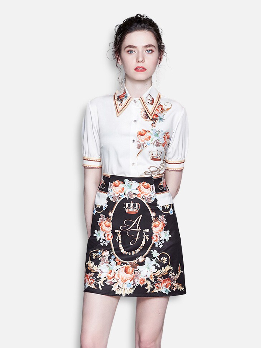 

JC Collection Women White & Black Printed Shirt with Skirt Clothing Set