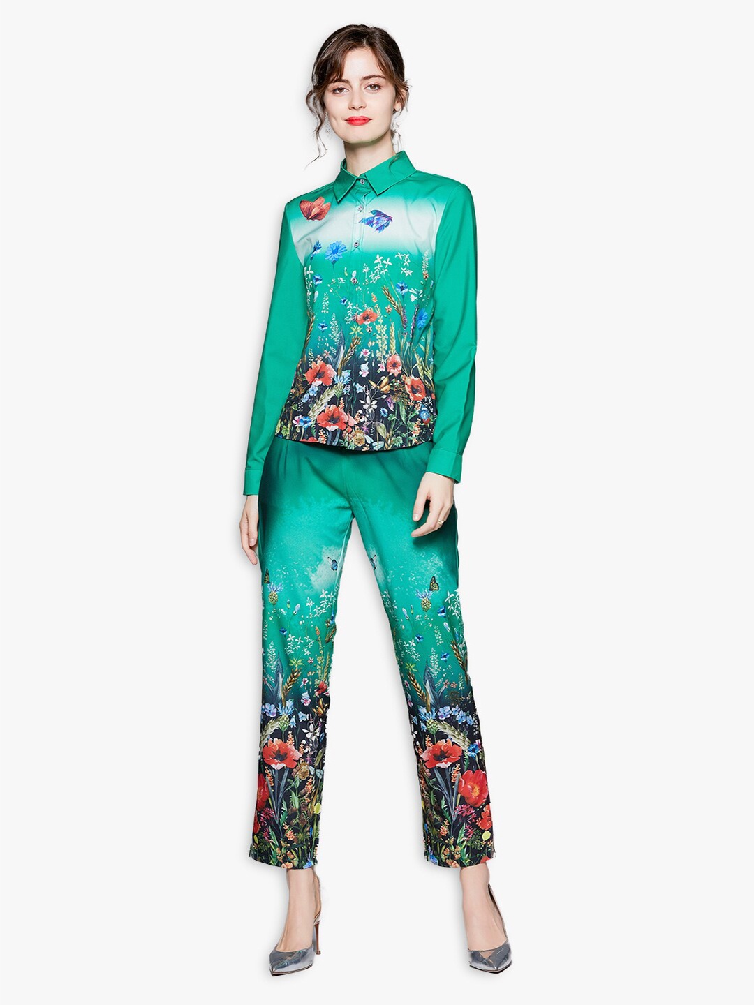 

JC Collection Women Green & Blue Printed Shirt with Pyjamas