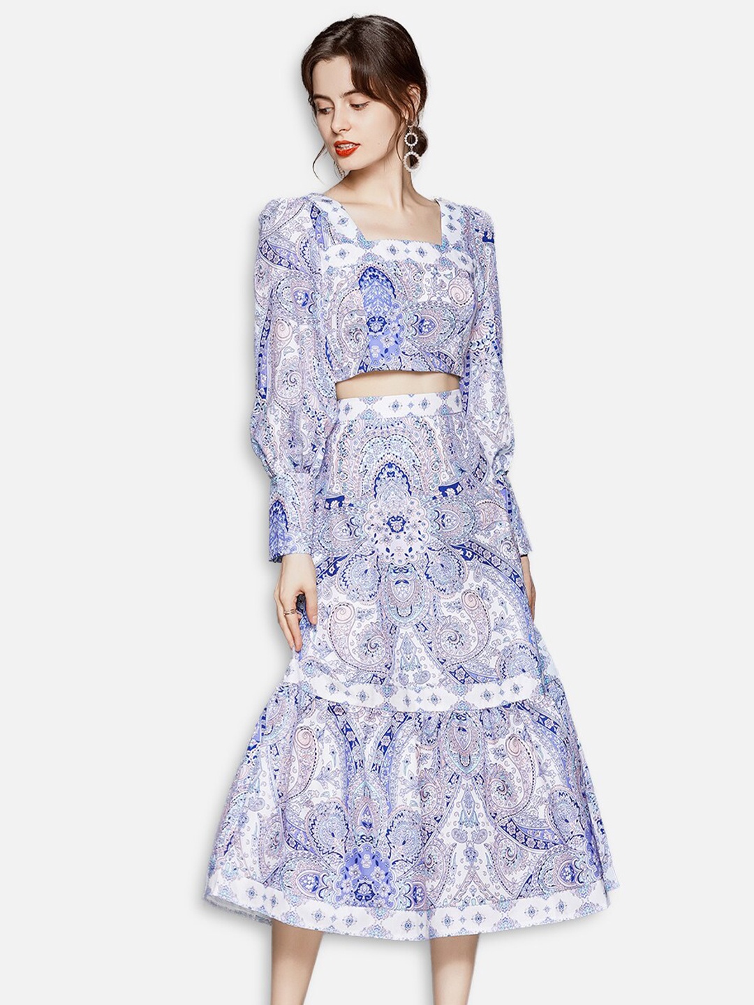 

JC Collection Women Blue & White Printed Top with Skirt