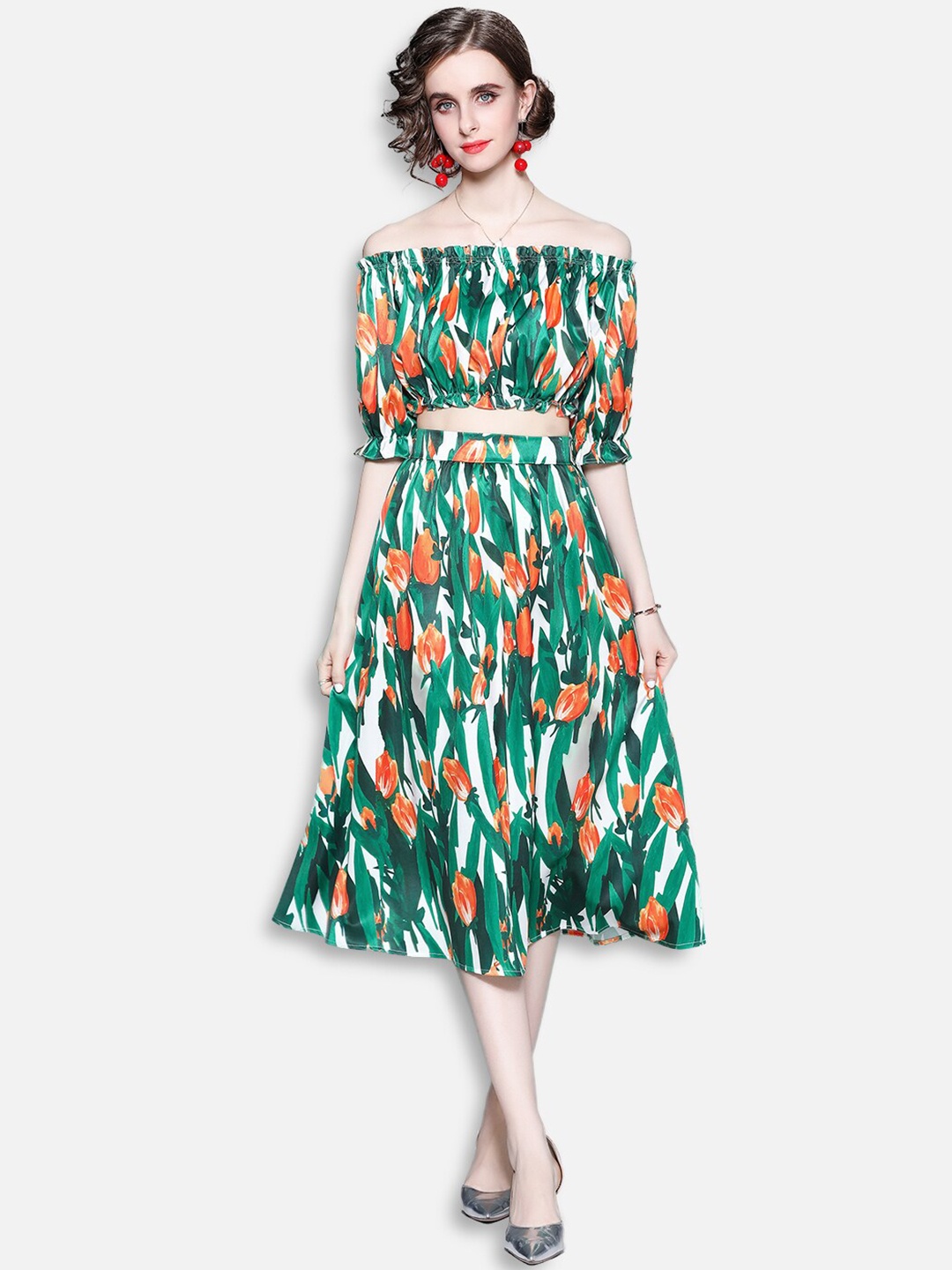 

JC Collection Women Green & Orange Printed Top with Skirt