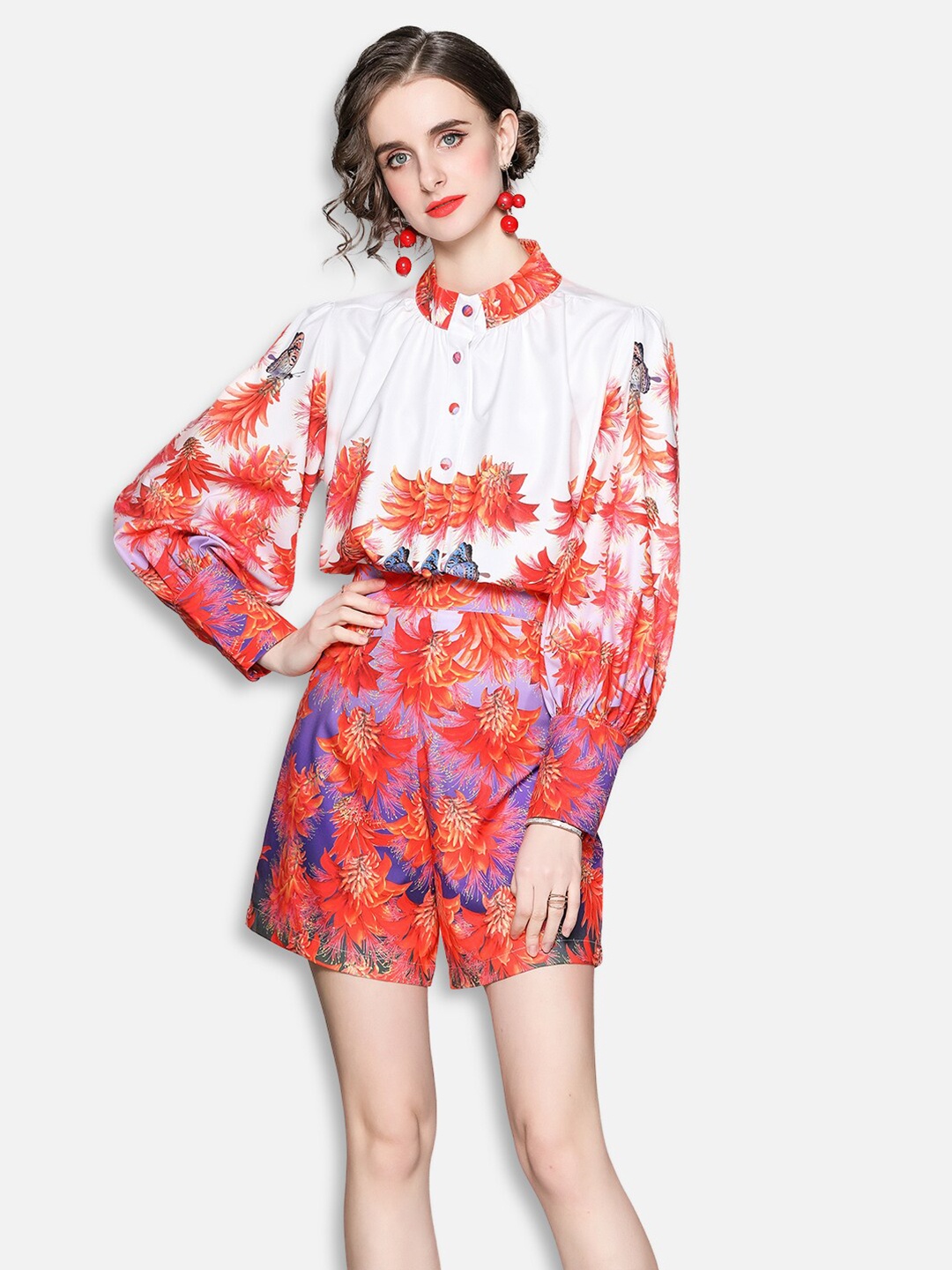 

JC Collection Women Red & White Floral Printed Shirt With Shorts