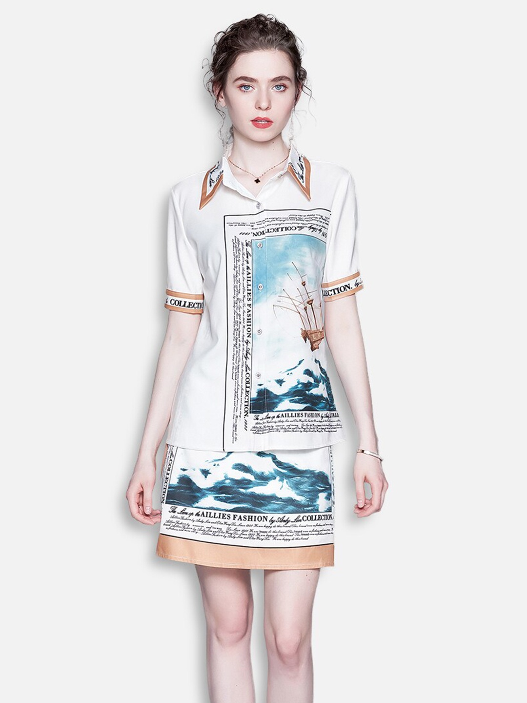 

JC Collection Women White & Blue Printed Shirt with Skirt