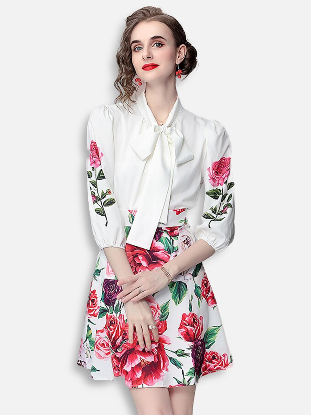 

JC Collection Women White & Red Floral Printed Clothing Set