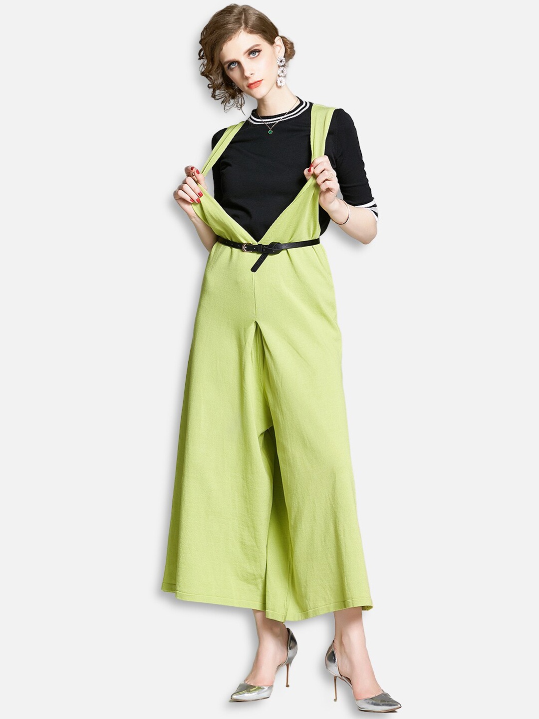 

JC Collection Women Green & Black T-shirt with Pinafore Palazzos