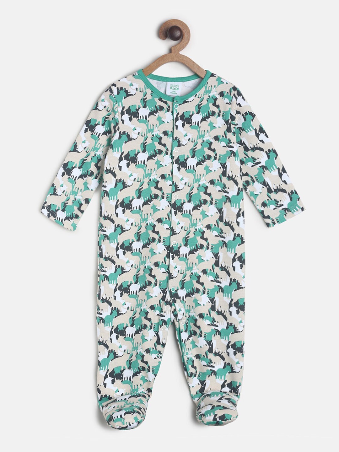 

MINI KLUB Infants Boys Green & Black Printed Pure Cotton Sleepsuits