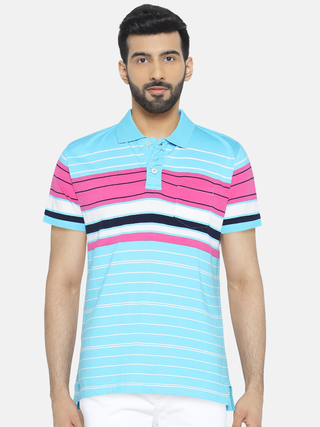 

American Crew Men Blue Striped Polo T-shirt