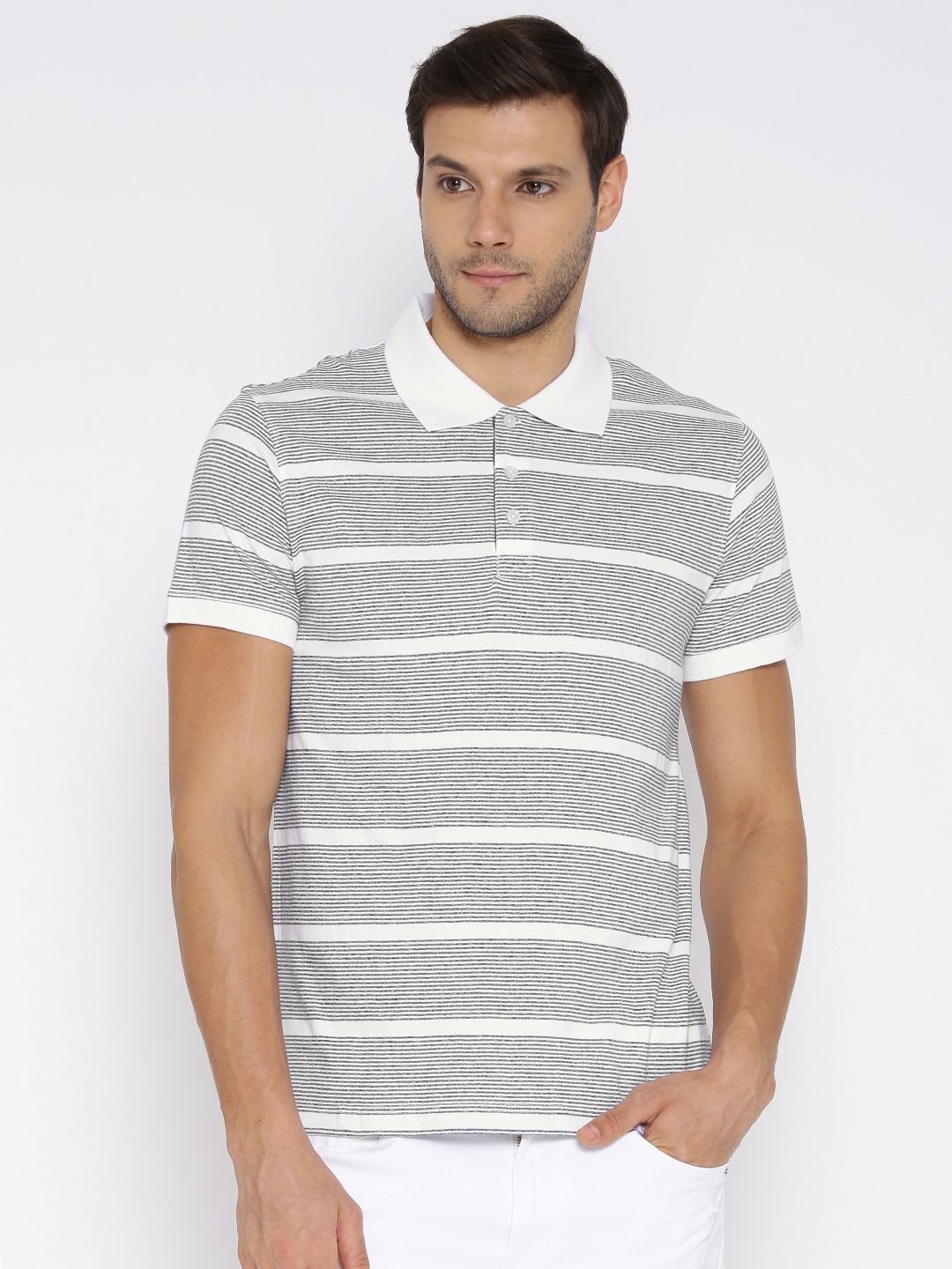 

American Crew Men White Striped Polo Pure Cotton T-shirt
