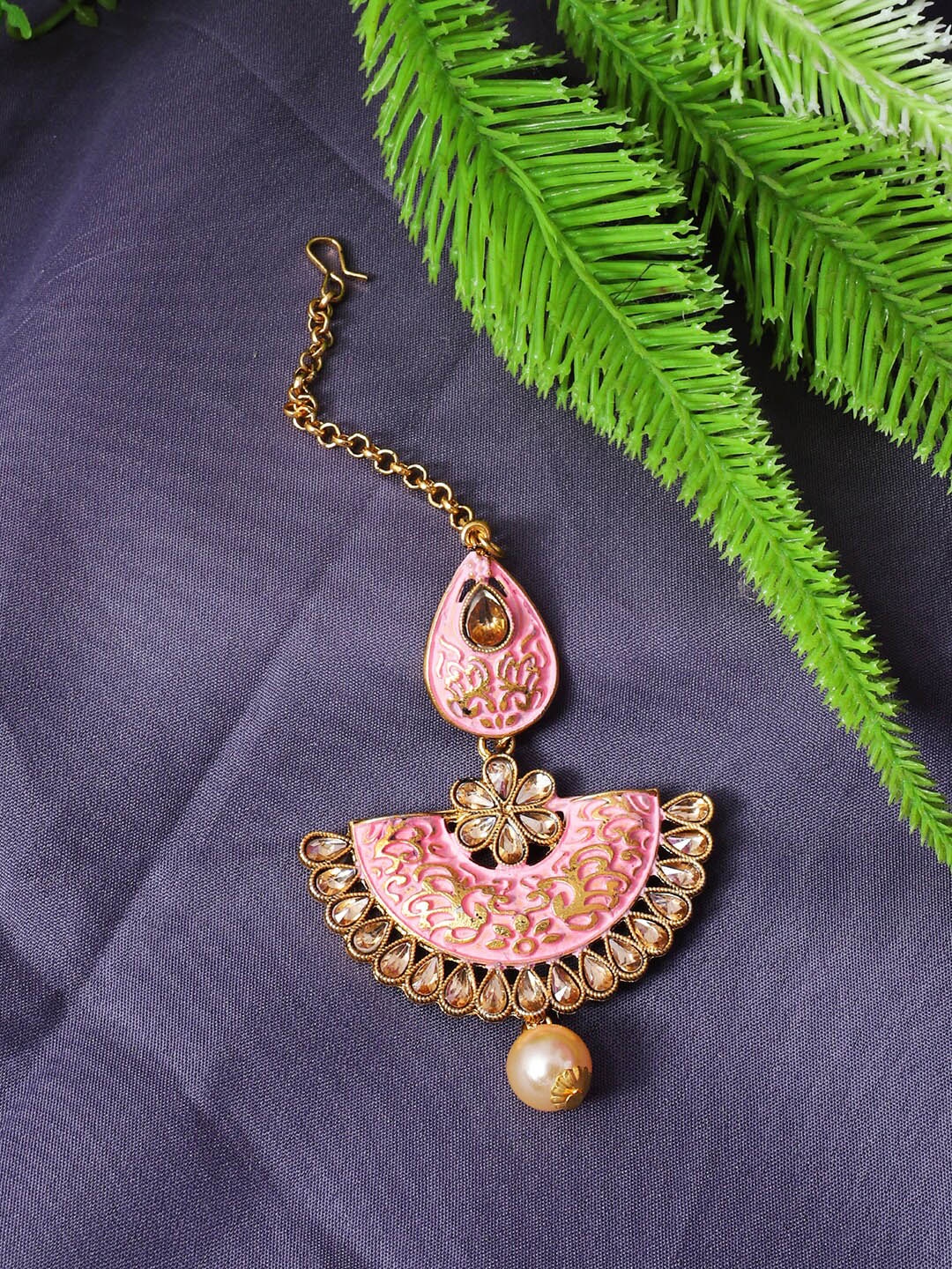 

ANIKAS CREATION Gold-Plated Pink Stone-Studded & Beaded Enamelled Maang Tikka