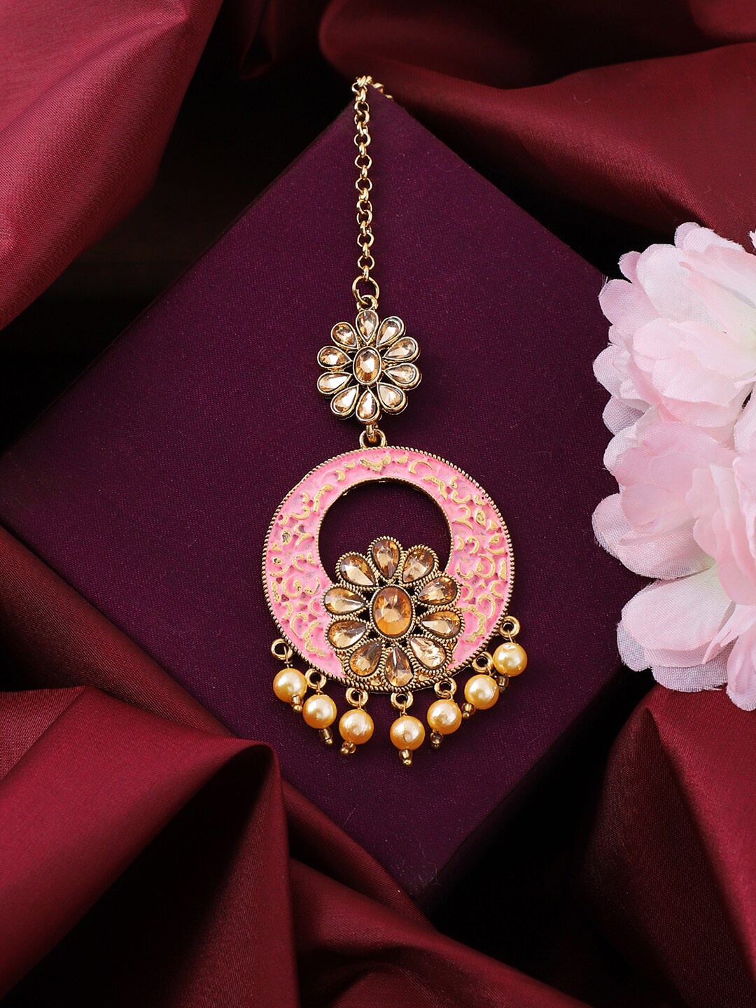 

ANIKAS CREATION Gold-Plated & Pink Stone-Studded Enamelled Maang Tikka