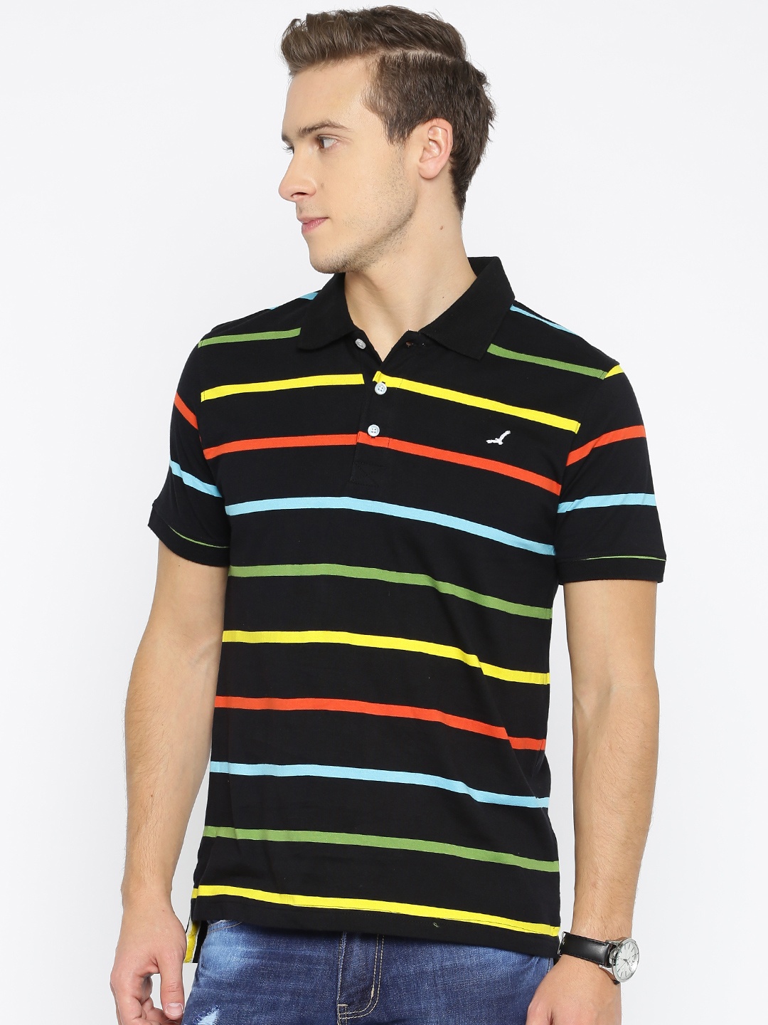 

American Crew Men Black Striped Polo T-shirt