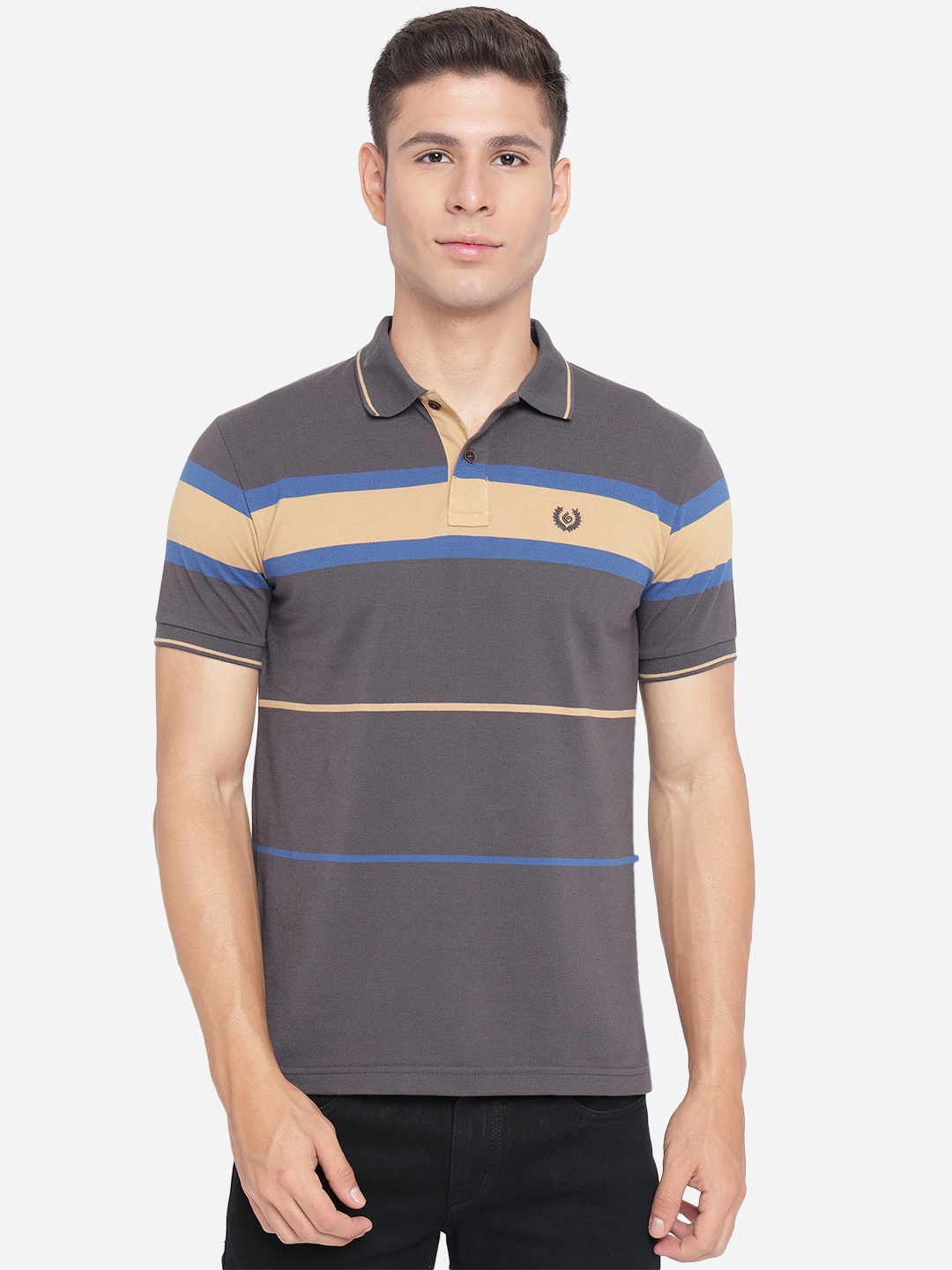 

Greenfibre Men Beige Striped Polo Collar Pockets Slim Fit T-shirt
