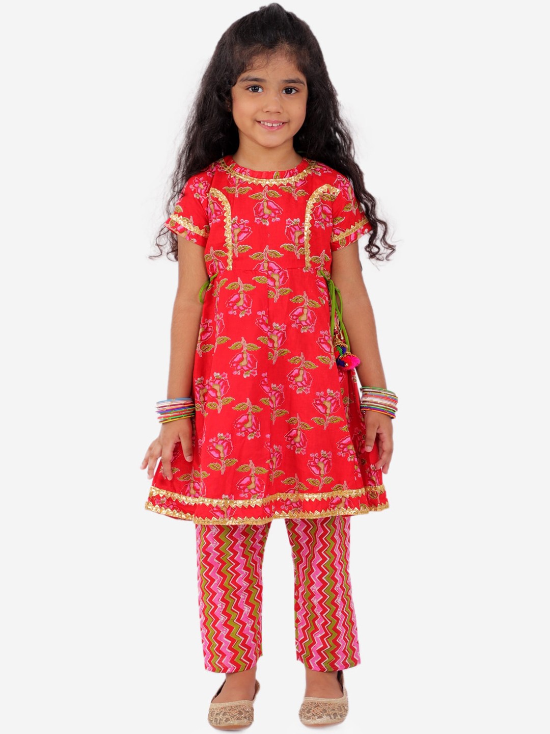 

KID1 Girls Red & Green Floral Block Printed Pure Cotton Anarkali Kurta with Trousers