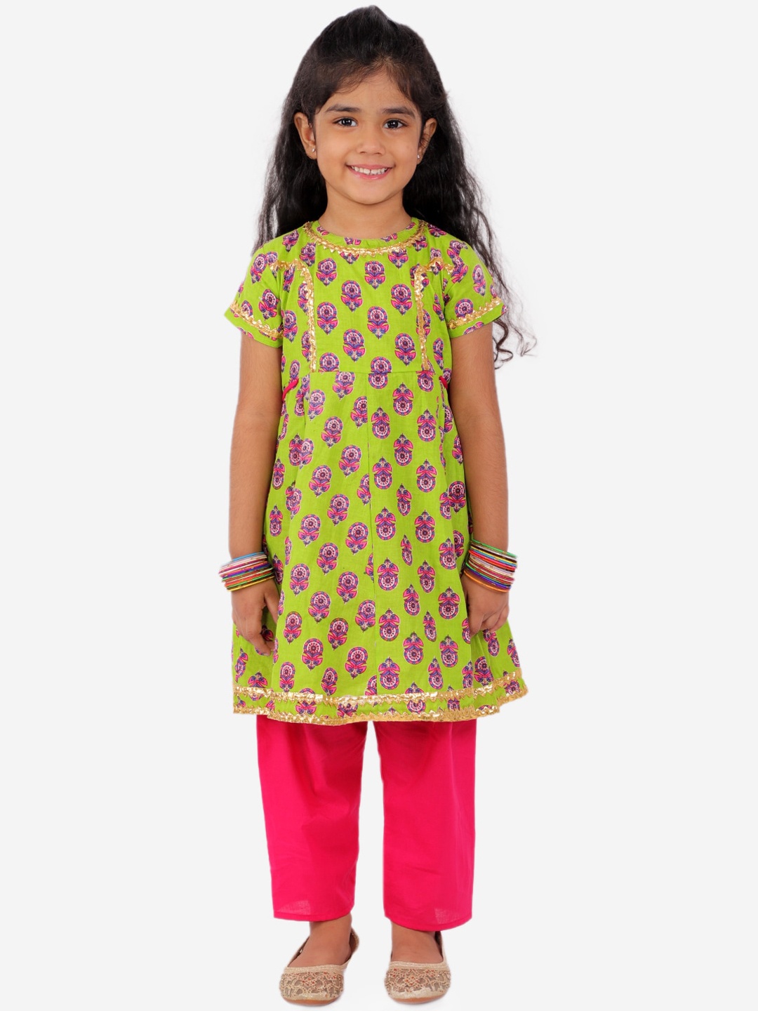 

KID1 Girls Green & Pink Block Printed Anarkali Pure Cotton Kurta with Trousers
