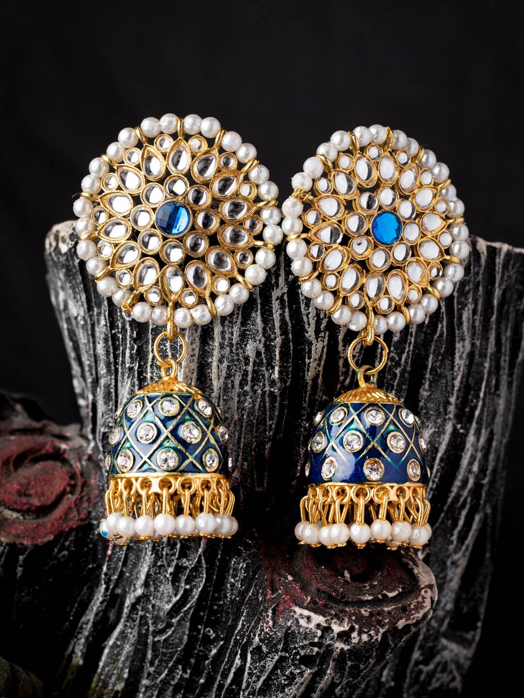 

MORKANTH JEWELLERY Gold-Plated & Blue Kundan Studded Contemporary Jhumkas Earrings