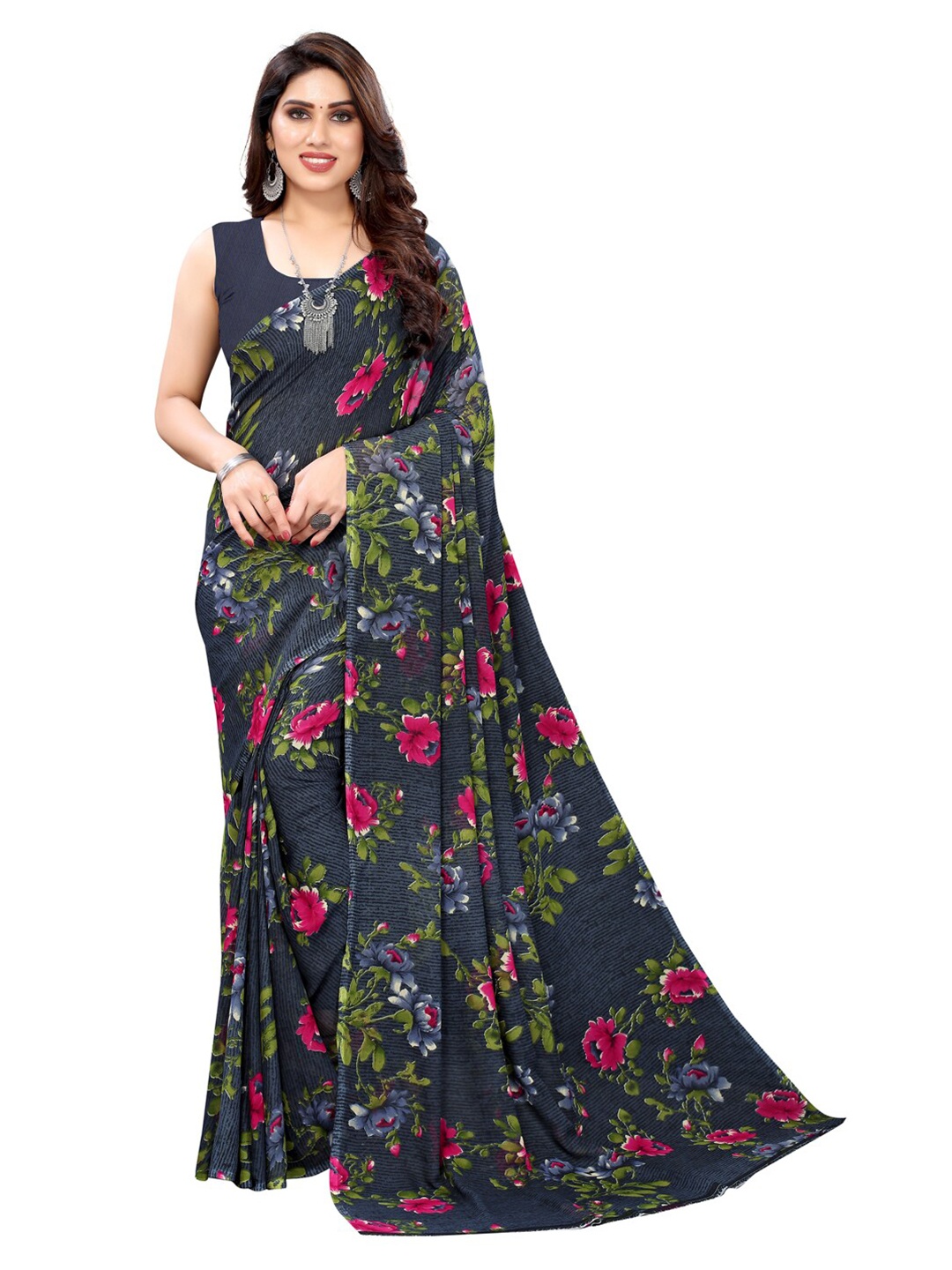 

KALINI Black & Pink Floral Printed Georgette Saree