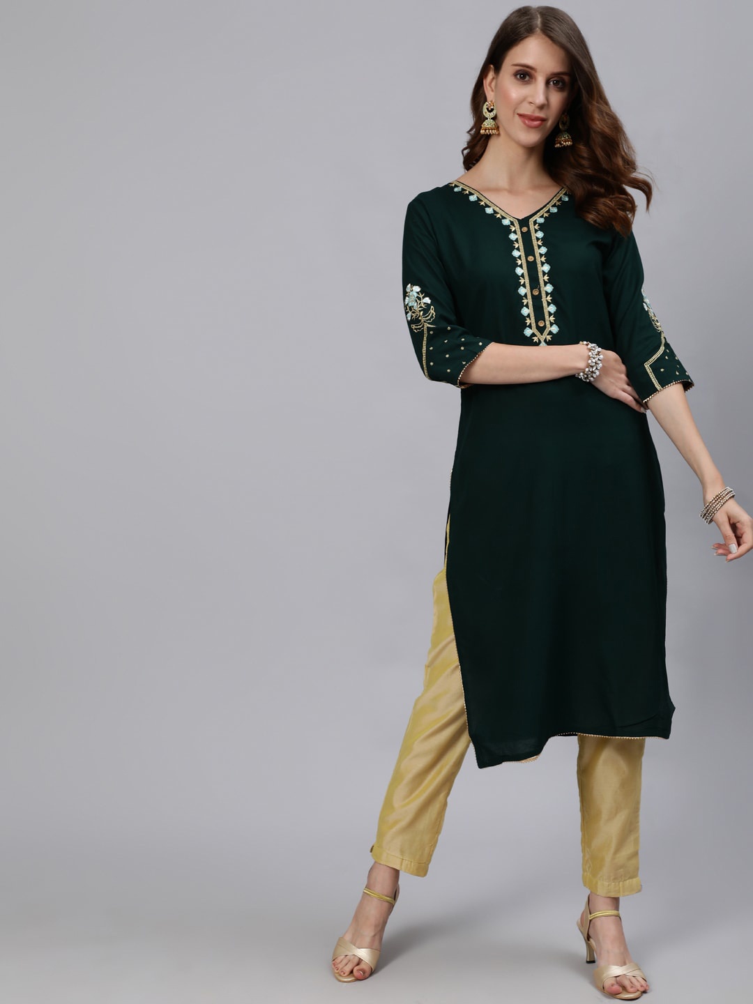 

Anubhutee Women Green Ethnic Motifs Yoke Design Thread Work Kurta