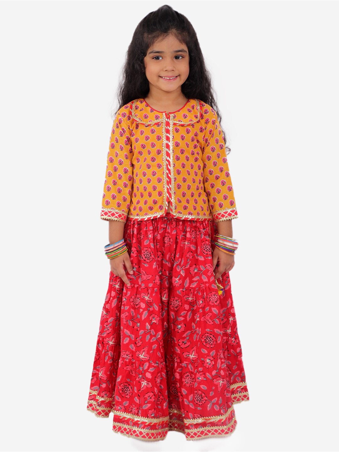 

KID1 Girls Red & Mustard Printed Ready to Wear Lehenga & Choli