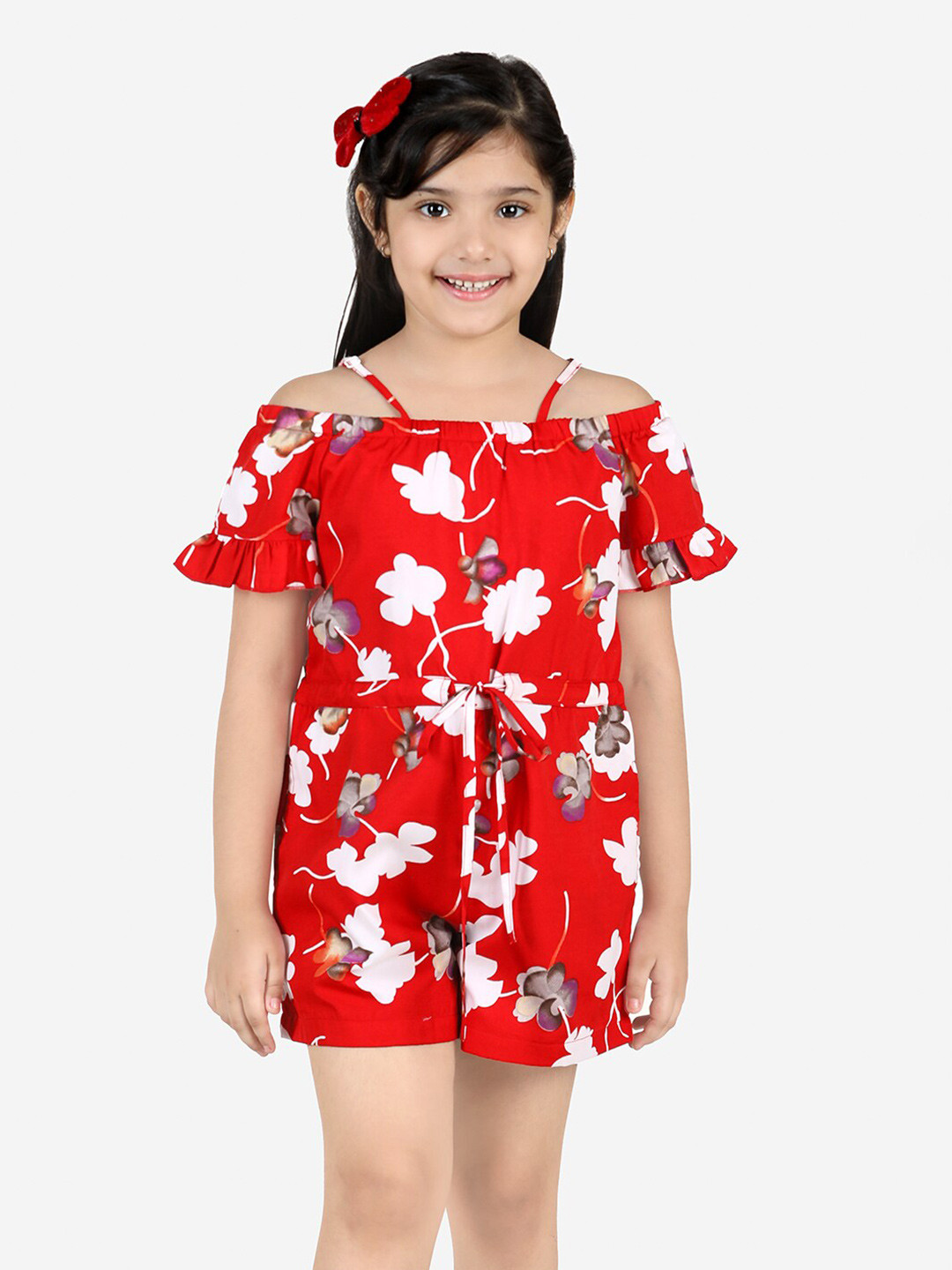

Naughty Ninos Girls Red & White Off-Shoulder Printed Playsuit