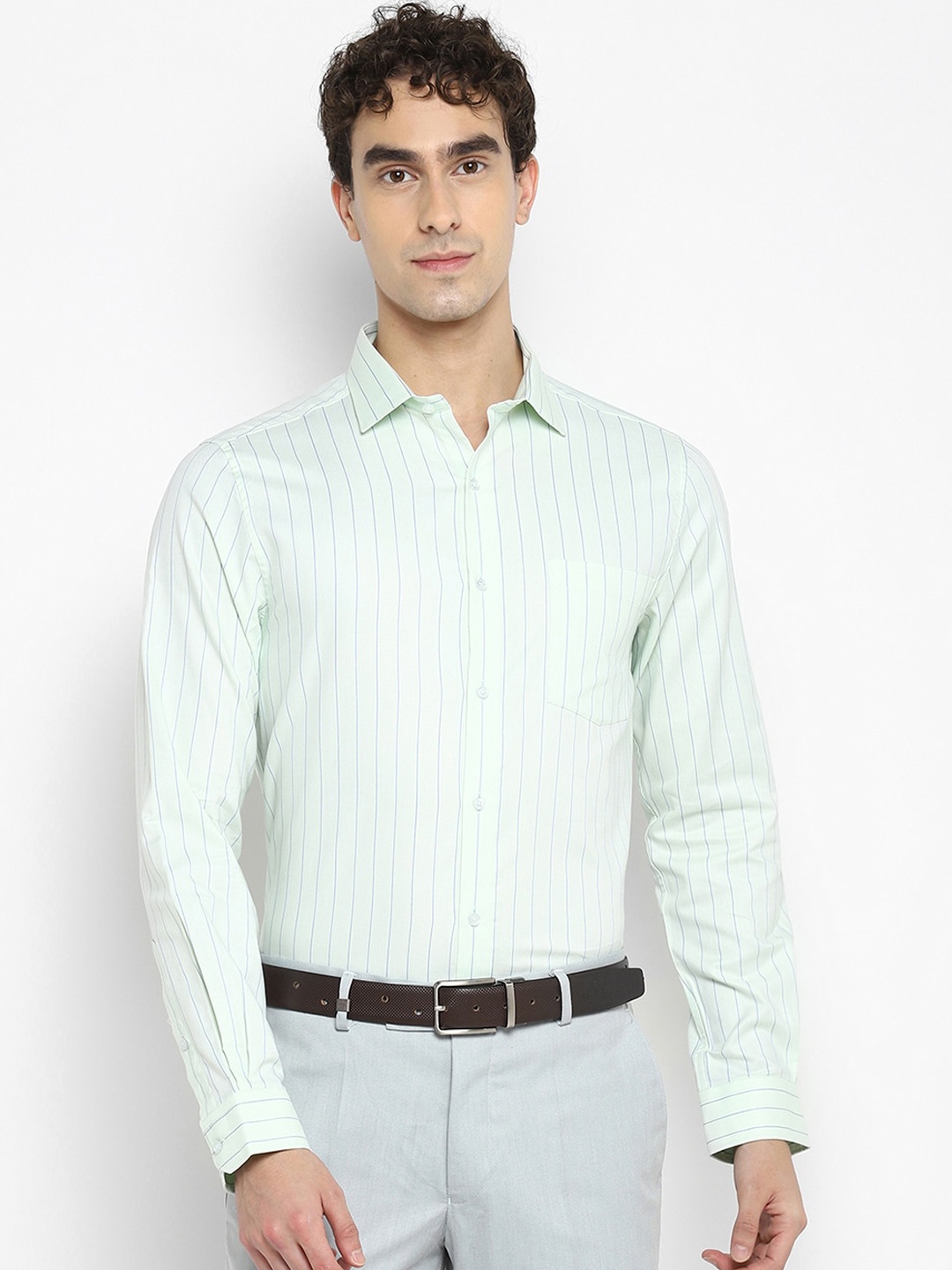 

Turtle Men Green Slim Fit Opaque Striped Formal Shirt