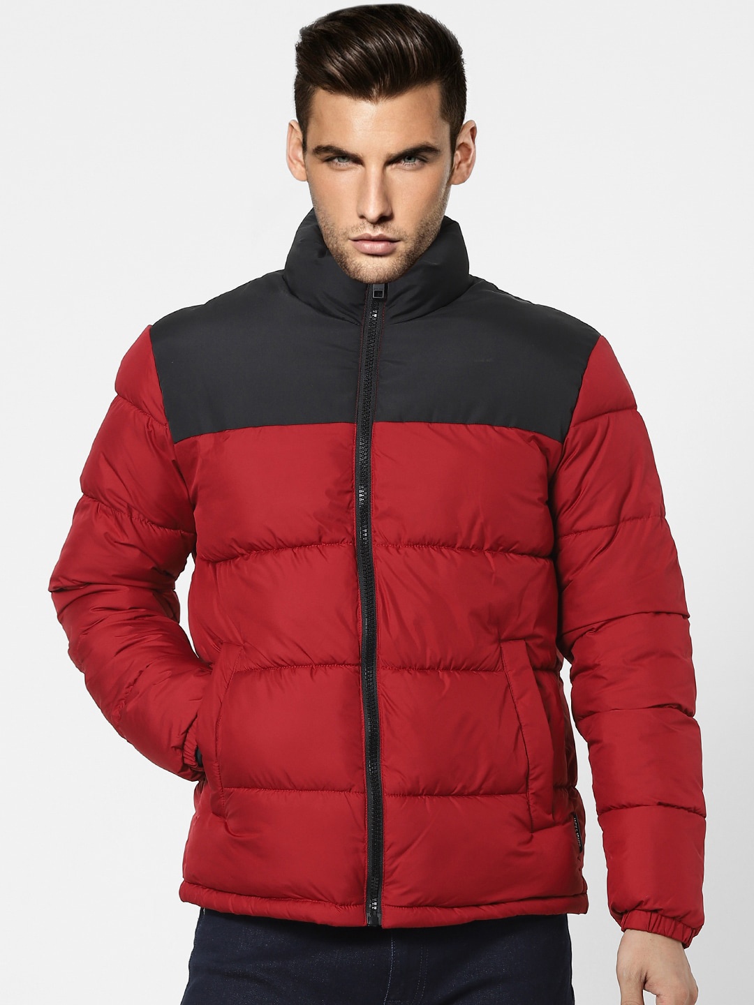 

Jack & Jones Men Red & Black Colourblocked Lightweight Puffer Jacket