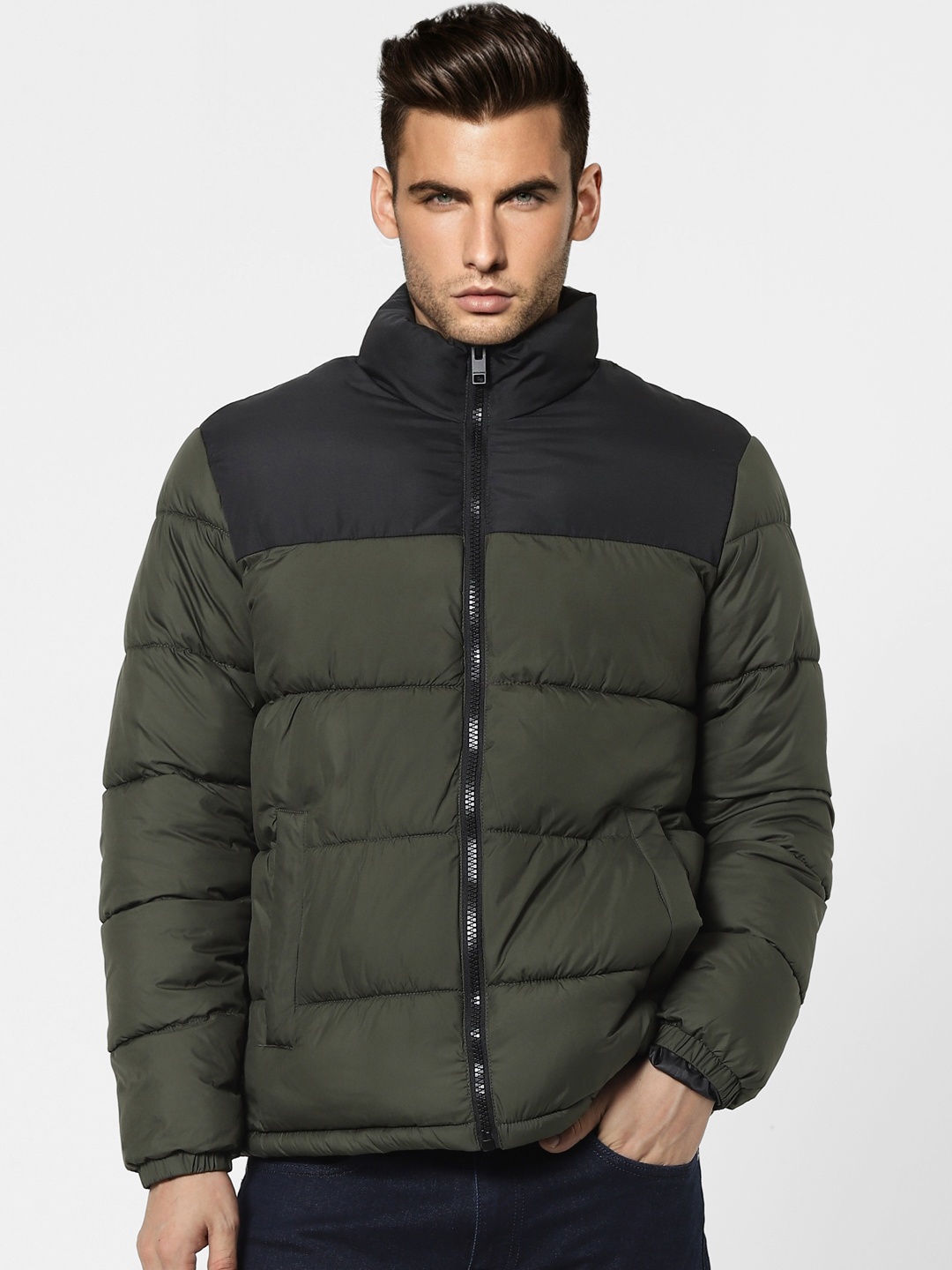 

Jack & Jones Men Green & Black Colourblocked Lightweight Puffer Jacket