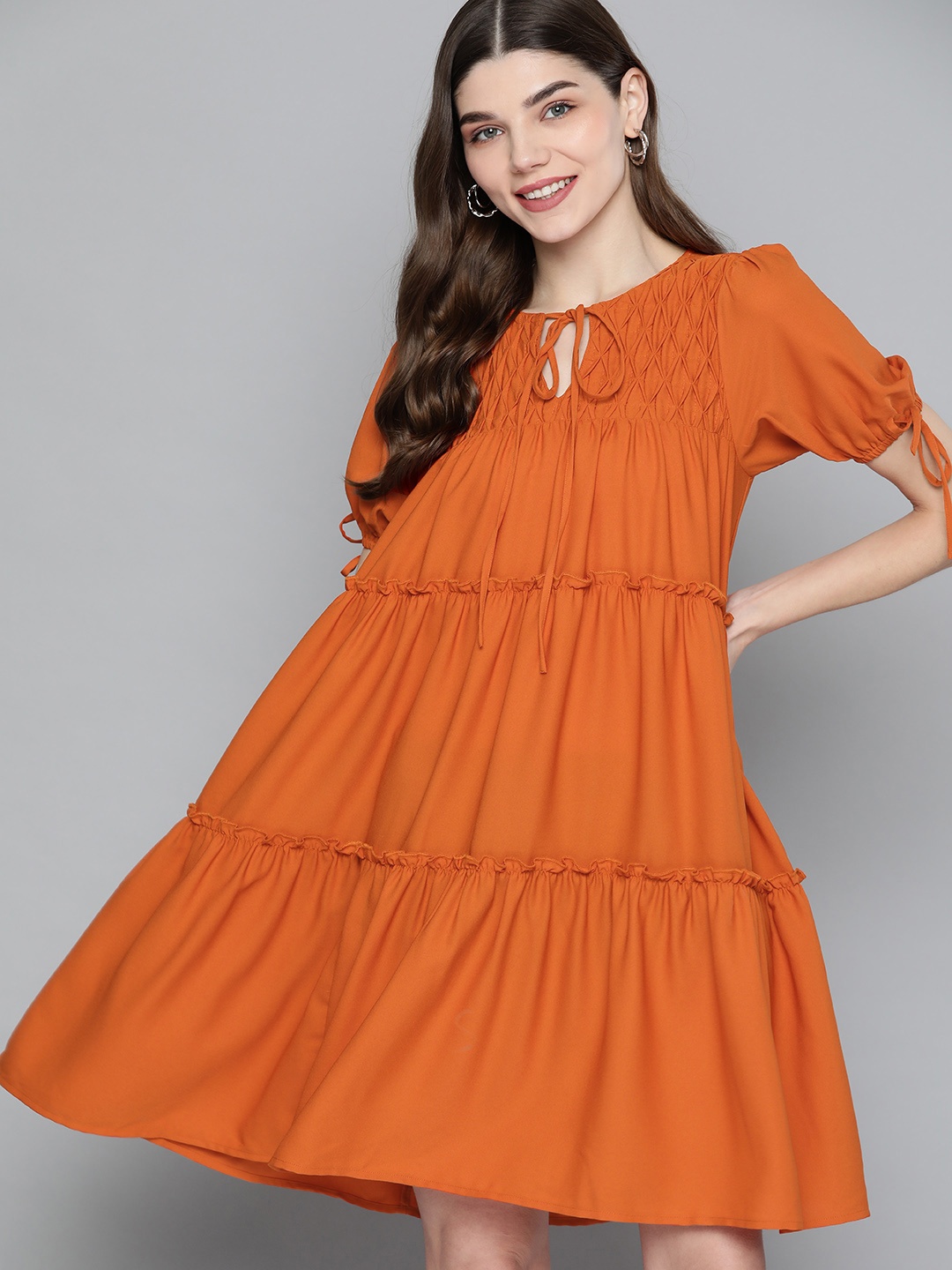 

Mast & Harbour Women Rust Orange Tie-Up Neck Tiered A-Line Dress